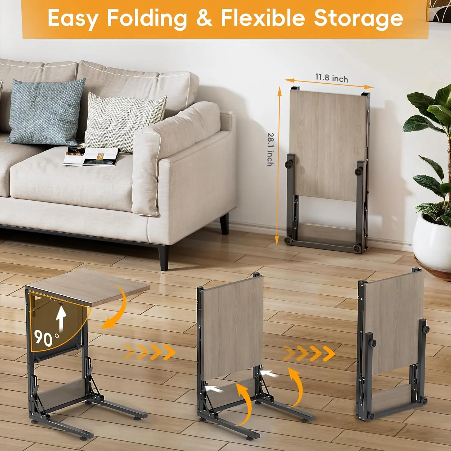 Kufutee Folding TV Tray Table, Small Folding Side Table with Storage Bag, Portable C Shaped End Table for Couch Sofa Bed, Oak Gray