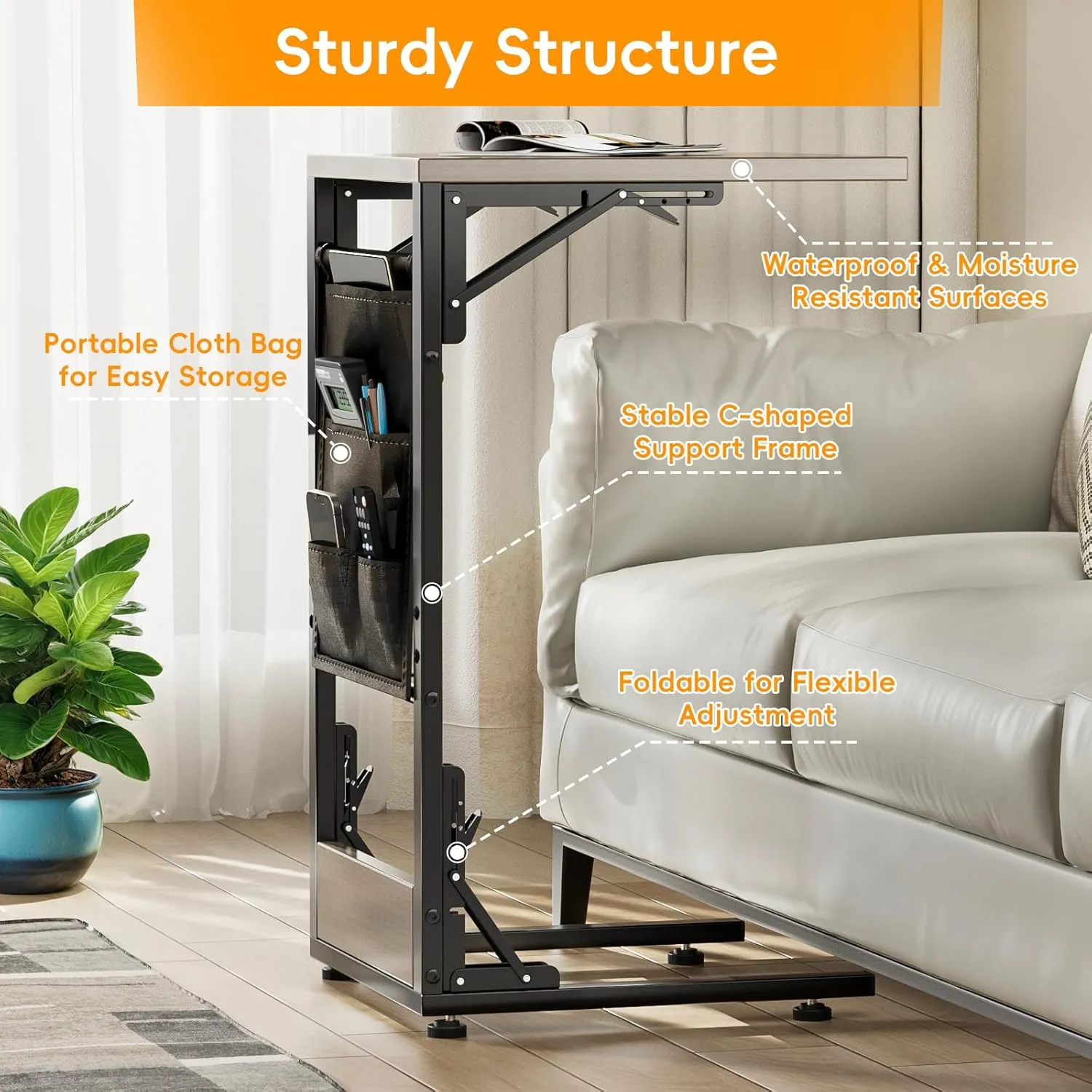Kufutee Folding TV Tray Table, Small Folding Side Table with Storage Bag, Portable C Shaped End Table for Couch Sofa Bed, Oak Gray