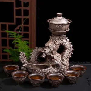 Kungfu Tea Set,Japanese Gongfu Tea Set-Ceramic teapot and Teacup and Saucer, Tea Holder, with a Portable Travel Bag,for Home Office Business Picnic Hotel,Brown