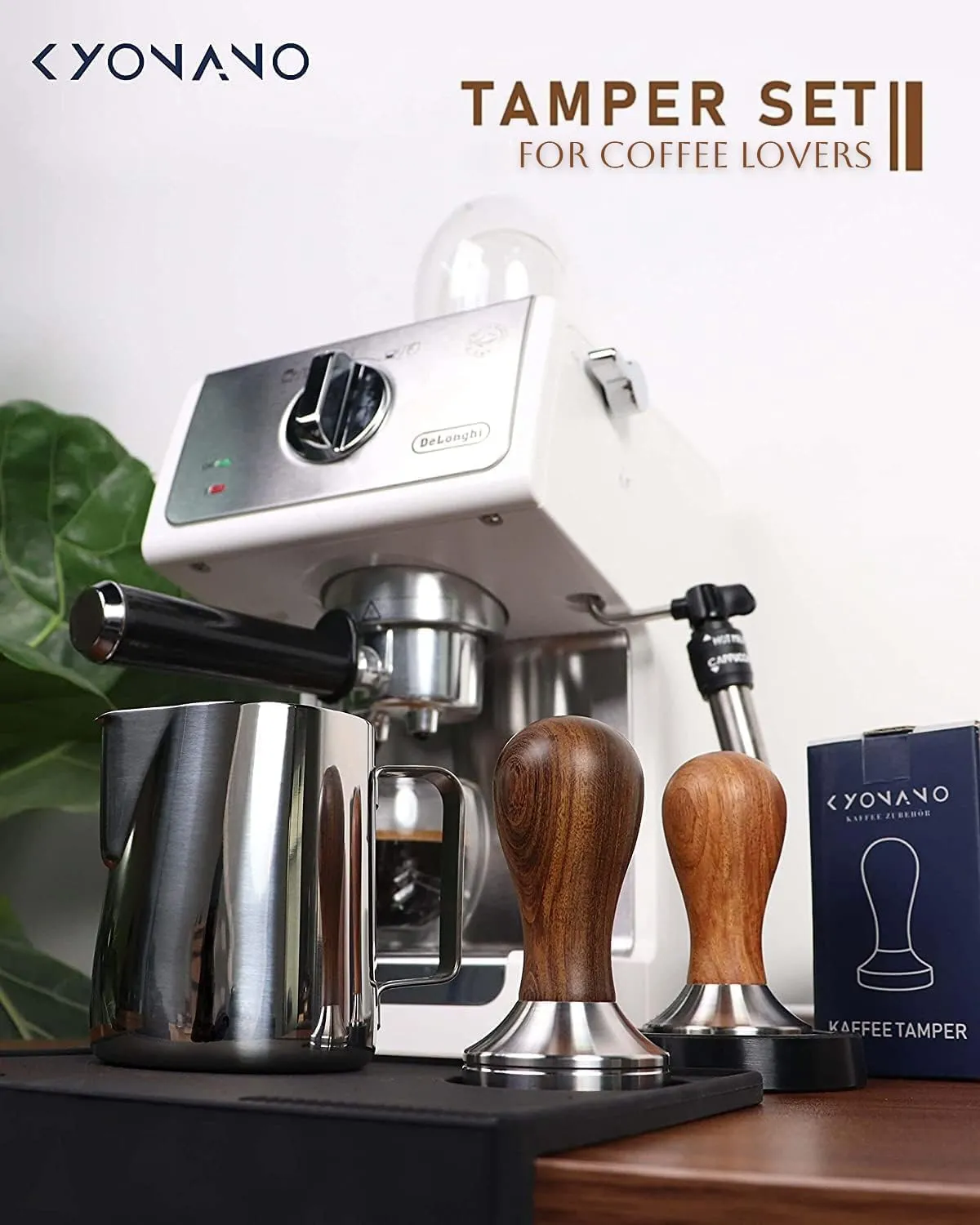 KYONANO Espresso Accessories - Espresso Tamper 51mm - Tamper with Chacate Preto Wood Handle -Coffee Tamper Plus Milk Frothing Pitcher 350ml, Silicone Tamper Mat -Tamper fits 51mm Delonghi Portafilter
