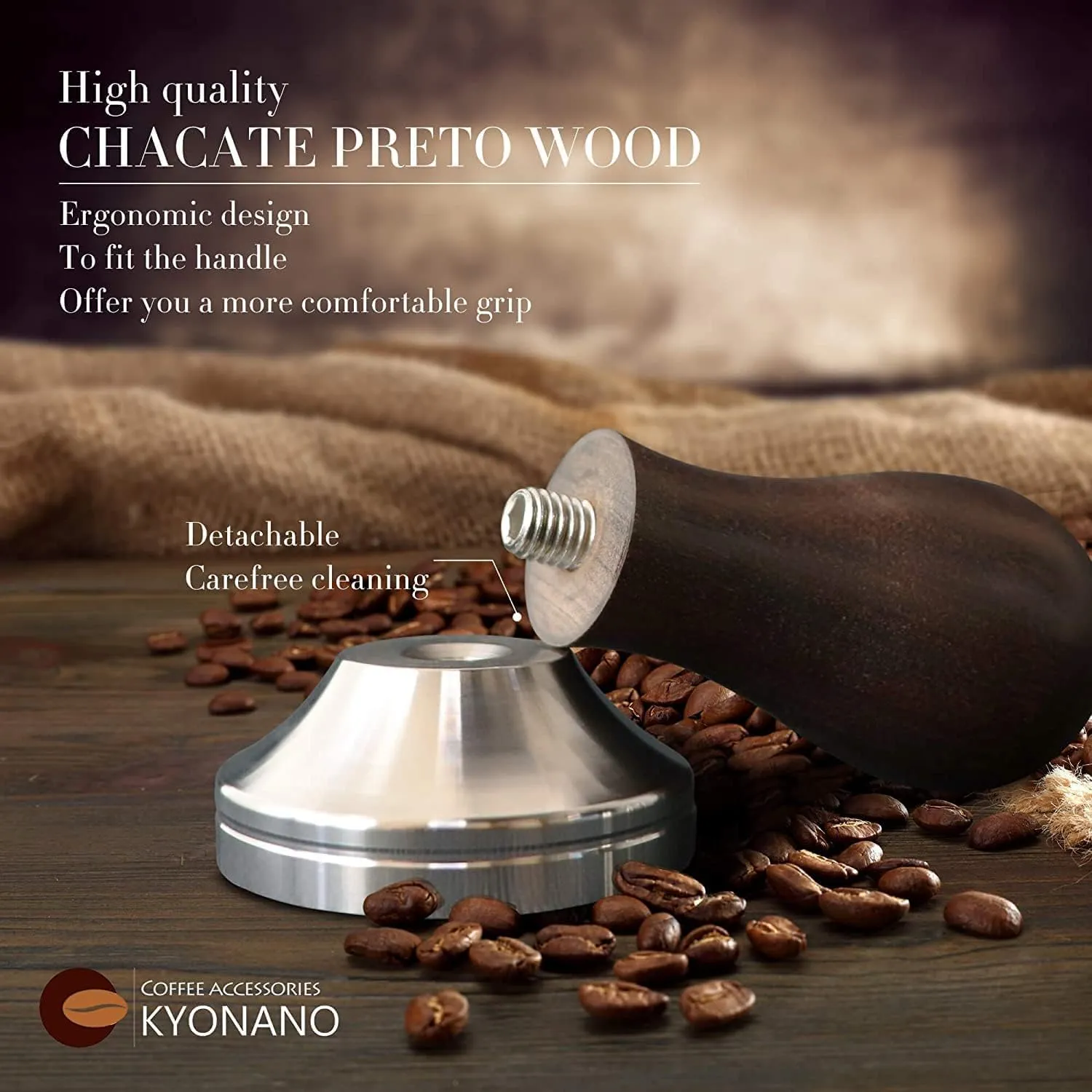KYONANO Espresso Accessories - Espresso Tamper 51mm - Tamper with Chacate Preto Wood Handle -Coffee Tamper Plus Milk Frothing Pitcher 350ml, Silicone Tamper Mat -Tamper fits 51mm Delonghi Portafilter