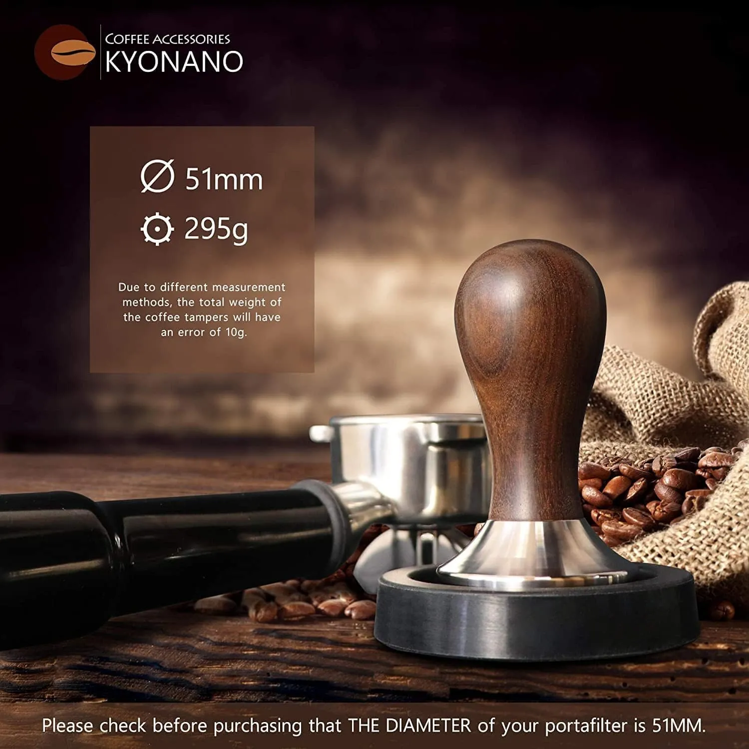 KYONANO Espresso Accessories - Espresso Tamper 51mm - Tamper with Chacate Preto Wood Handle -Coffee Tamper Plus Milk Frothing Pitcher 350ml, Silicone Tamper Mat -Tamper fits 51mm Delonghi Portafilter