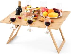 Large Portable Wine Picnic Table with 7 Wine Glass Holder, 25" x 23. 5" x 8" Folding Picnic Snack Table, Wine and Cheese Tray for Park, Beach, Camping, Bed