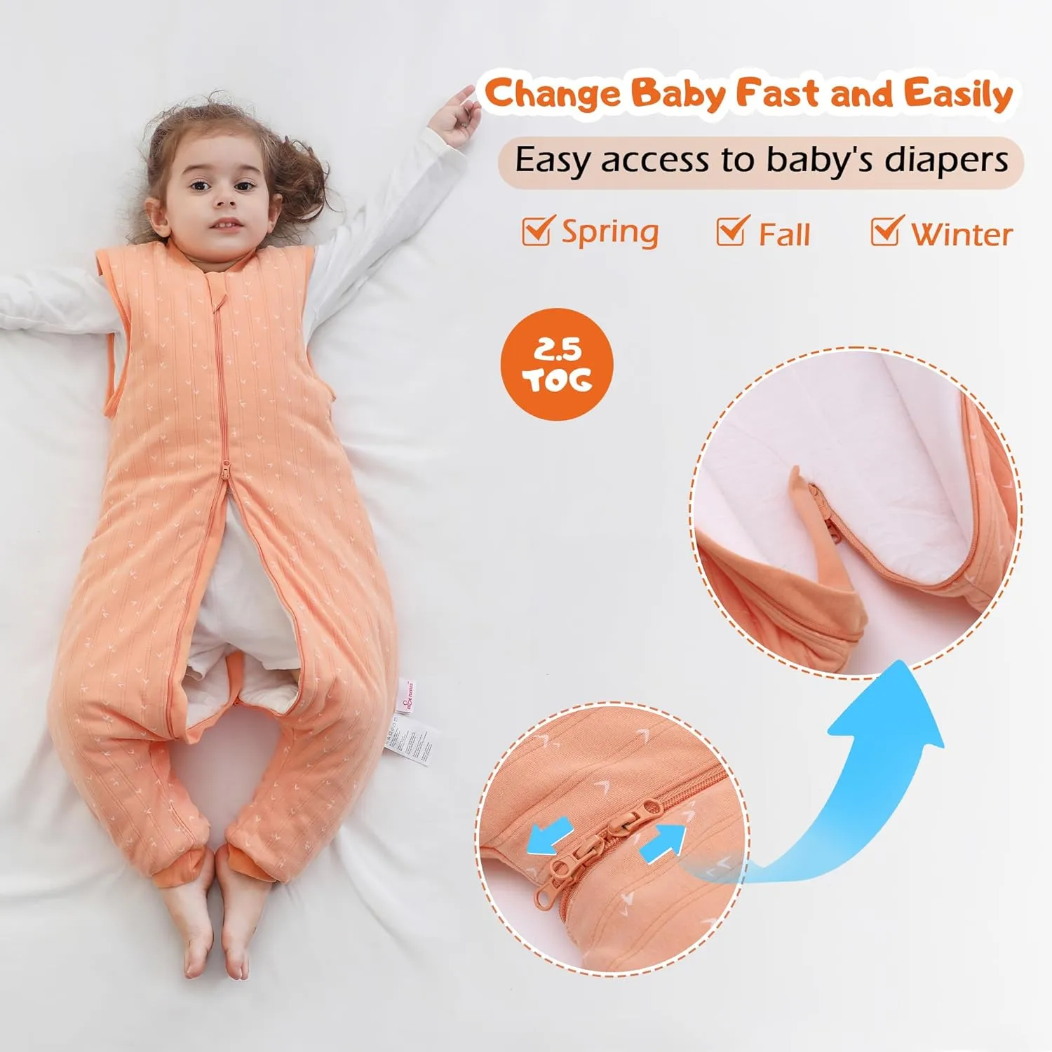 LAT Baby Sleep Bag with Feet Winter,Sleeveless Nightgowns Wearable Blanket with Legs,Warm Sack for Infant Toddler Thicken 2.5 TOG-Sleepsuit,1-6T(Orange White Heart,S/80)