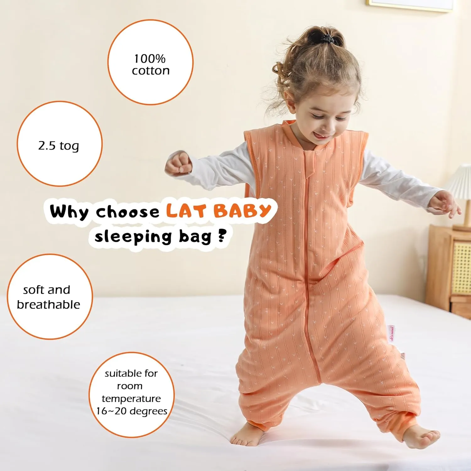 LAT Baby Sleep Bag with Feet Winter,Sleeveless Nightgowns Wearable Blanket with Legs,Warm Sack for Infant Toddler Thicken 2.5 TOG-Sleepsuit,1-6T(Orange White Heart,S/80)