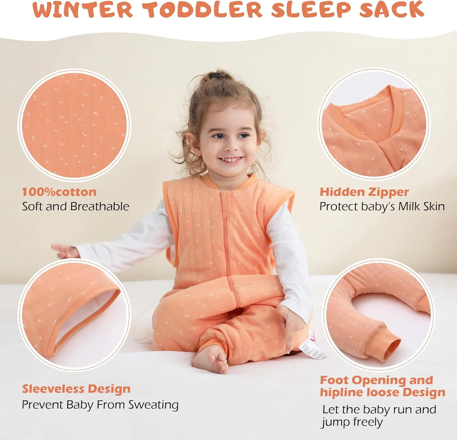 LAT Baby Sleep Bag with Feet Winter,Sleeveless Nightgowns Wearable Blanket with Legs,Warm Sack for Infant Toddler Thicken 2.5 TOG-Sleepsuit,1-6T(Orange White Heart,S/80)
