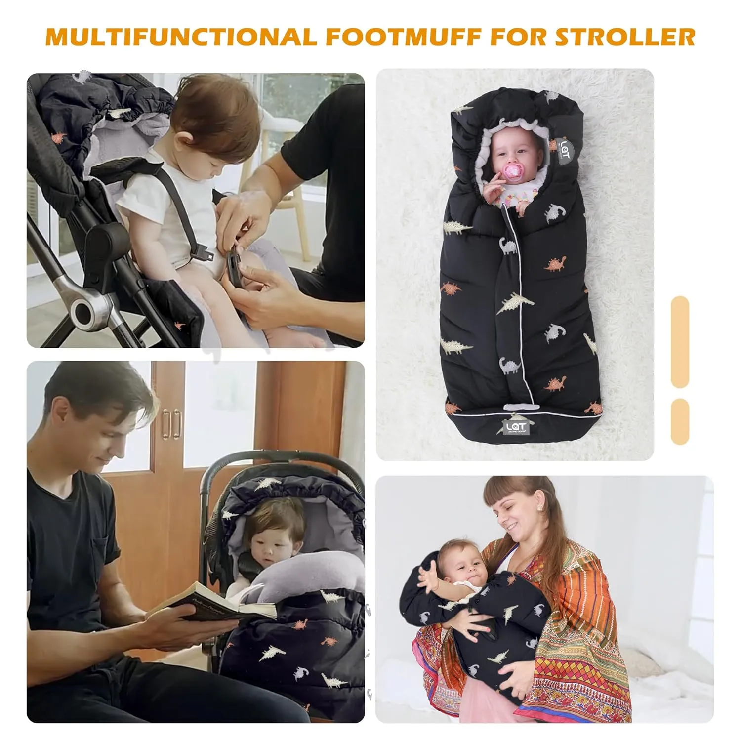 LAT Baby Warm Bunting Bag Universal,Stroller Sleeping Bag Cold Weather,Waterproof Toddler Footmuff(Basic,Black Dinosaur)
