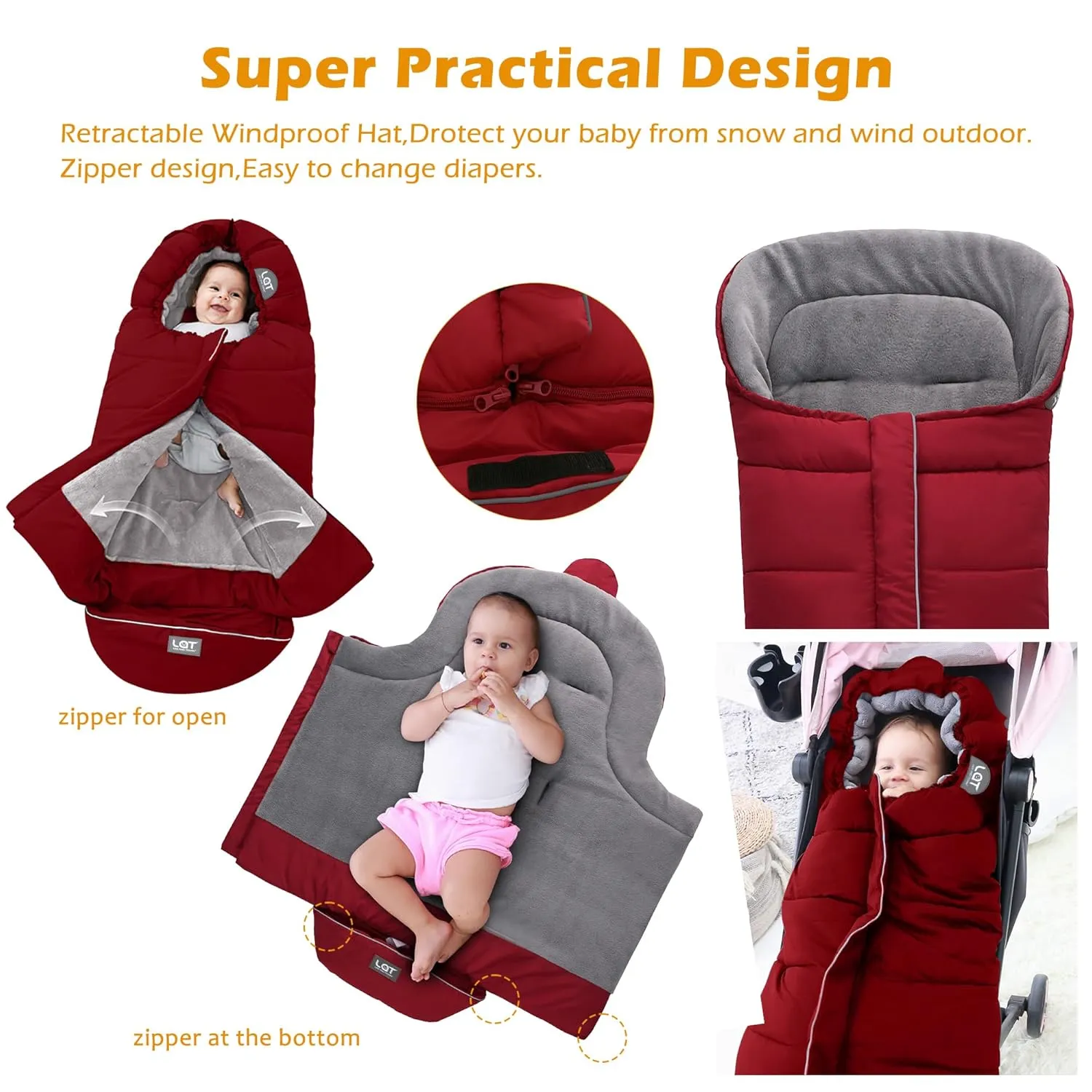 LAT Baby Warm Bunting Bag Universal,Stroller Sleeping Bag Cold Weather,Waterproof Toddler Footmuff(Basic,Red)