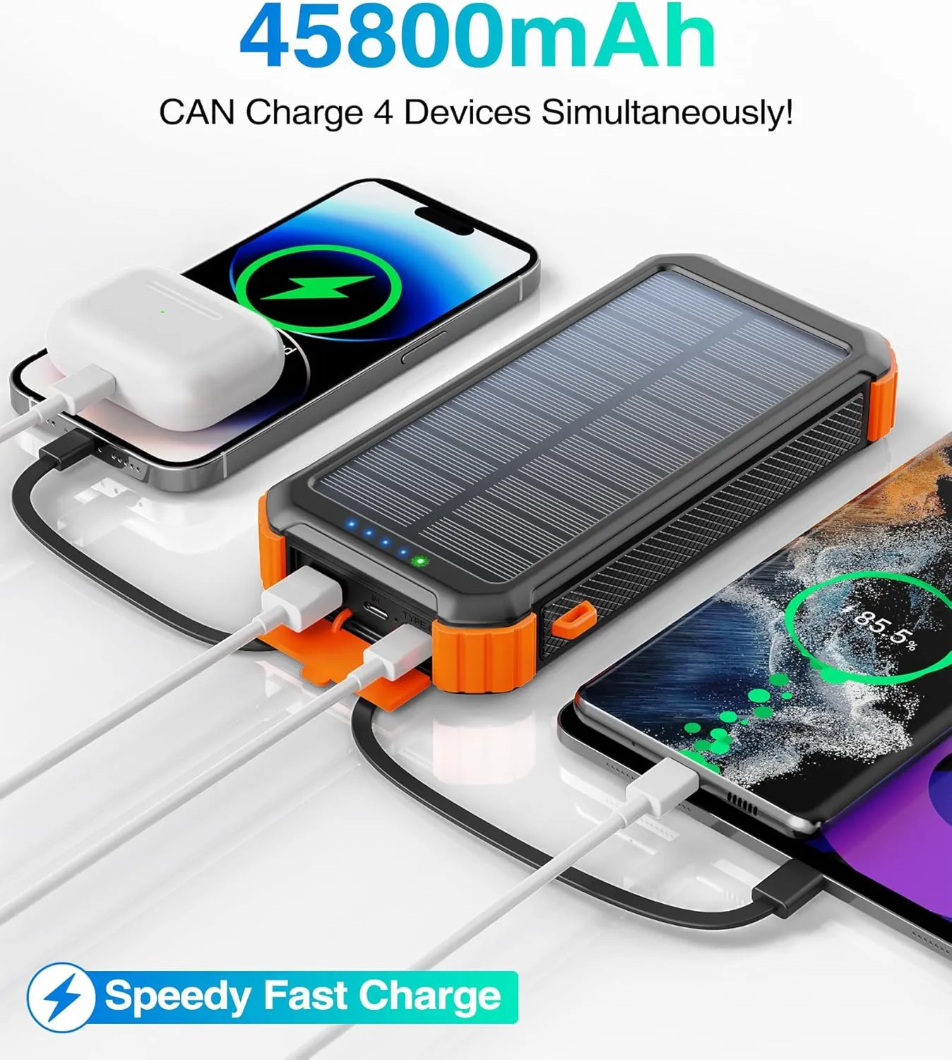 LATIMERIA 45800mAh Solar Charger Power Bank, Portable Phone Charger with USB C in/Output, 5V3.1A QC 3.0 Fast Charging for Cellphone, External Battery Pack Compatible with iPhone Samsung Google etc