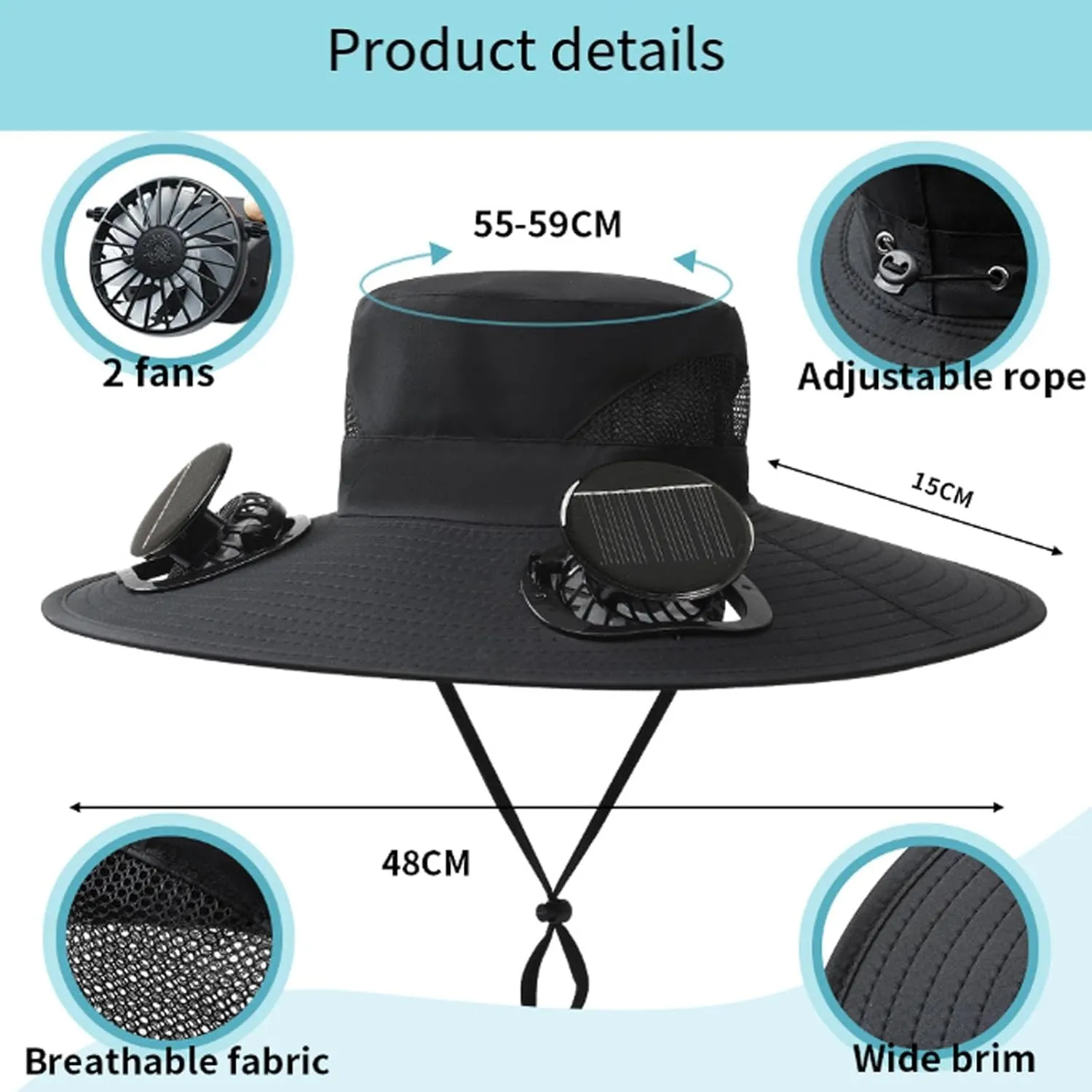 Leadoutline Solar Fan Hat, 2025 New Outdoor Wide Brim Sun Hat with 2 Solar Fan, Fan Solar Powered UPF 50  