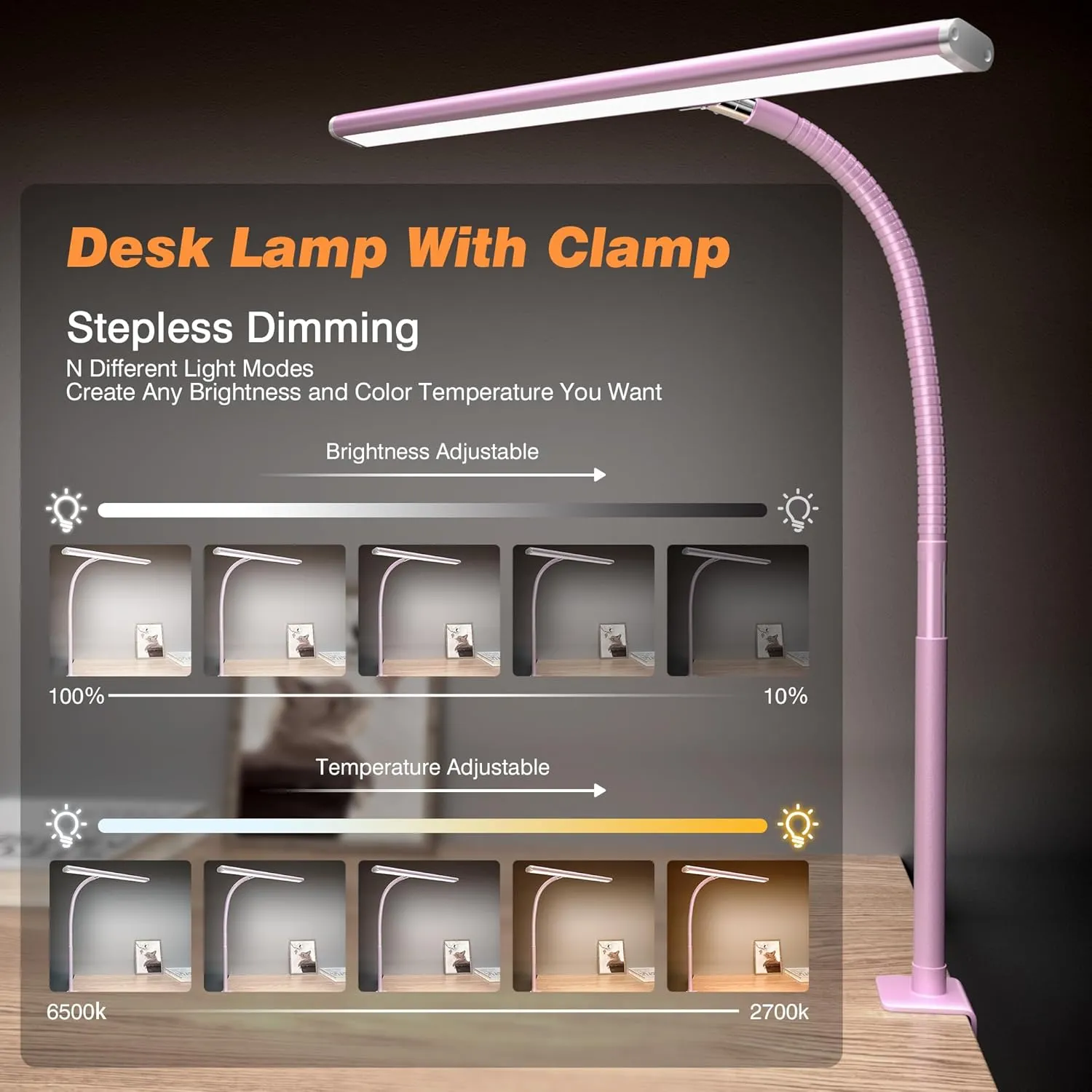 LED Desk Lamp for Office Home, Eye-Caring Desk Light with Stepless Dimming Adjustable Flexible Gooseneck, 10W USB Adapter Desk Lamp with Clamp for Reading, Study, Workbench (Pink)