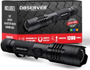LED Rechargeable Flashlight, 1200 Lumens Tactical Flashlight, high Power Survival Flashlight with Back-up Power, Magnet, Zoom, Waterproof Flashlight, Black, OBS-FL1-V2