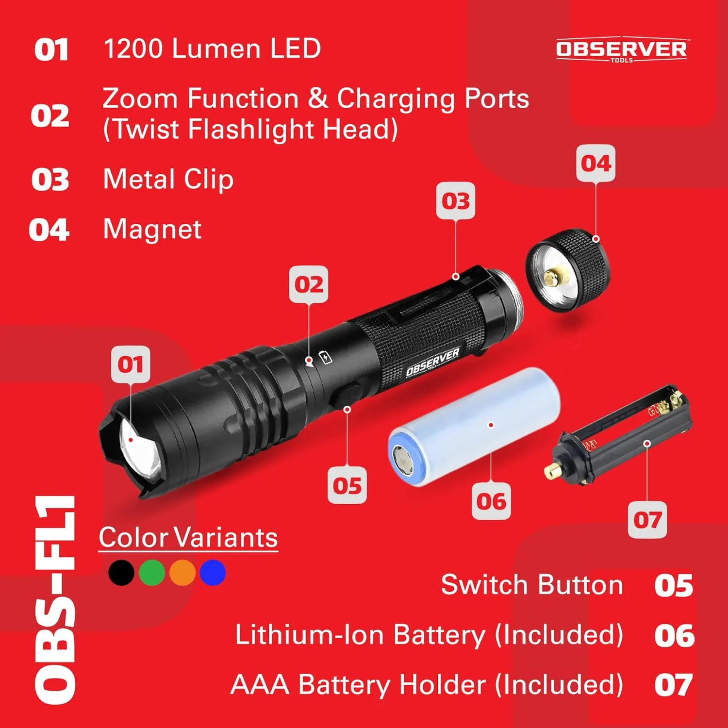 LED Rechargeable Flashlight, 1200 Lumens Tactical Flashlight, high Power Survival Flashlight with Back-up Power, Magnet, Zoom, Waterproof Flashlight, Black, OBS-FL1-V2