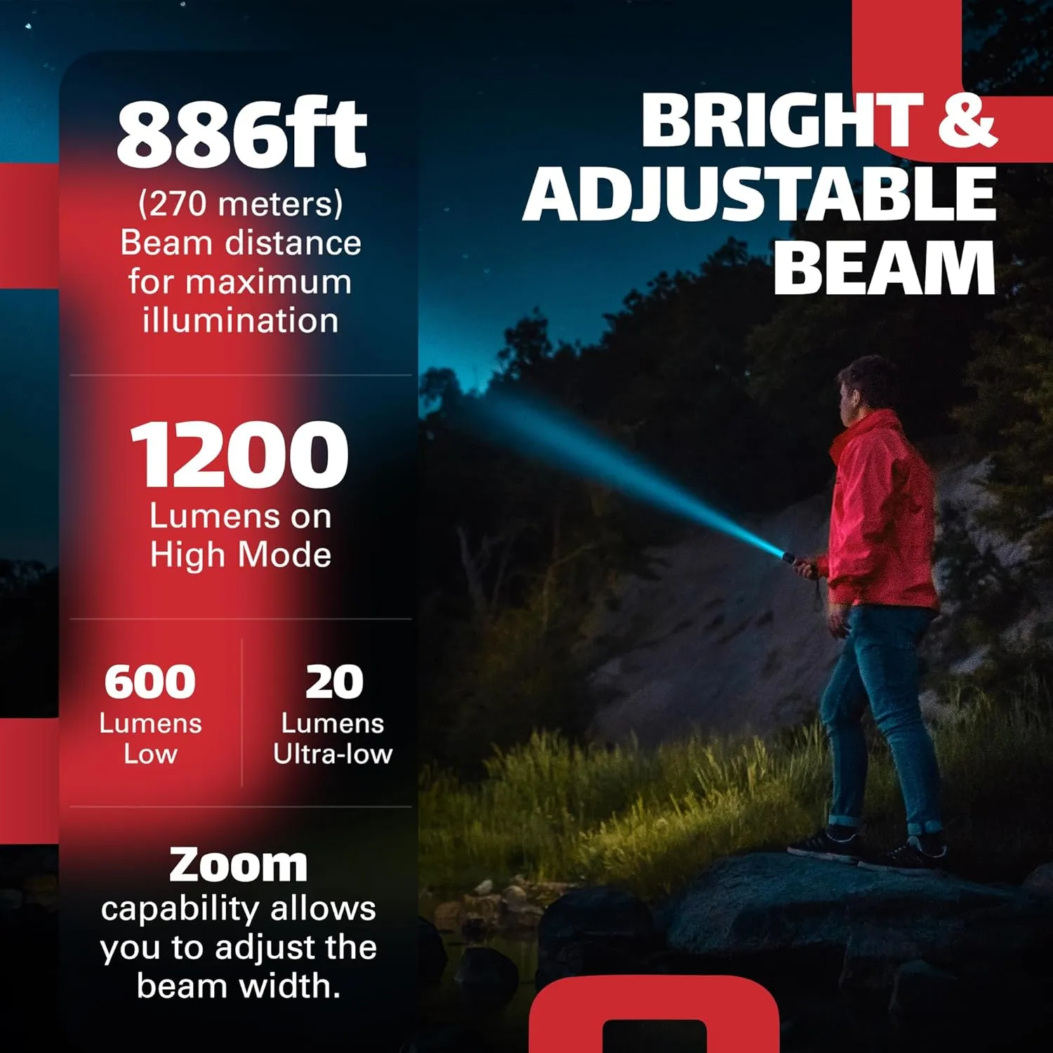 LED Rechargeable Flashlight, 1200 Lumens Tactical Flashlight, high Power Survival Flashlight with Back-up Power, Magnet, Zoom, Waterproof Flashlight, Black, OBS-FL1-V2