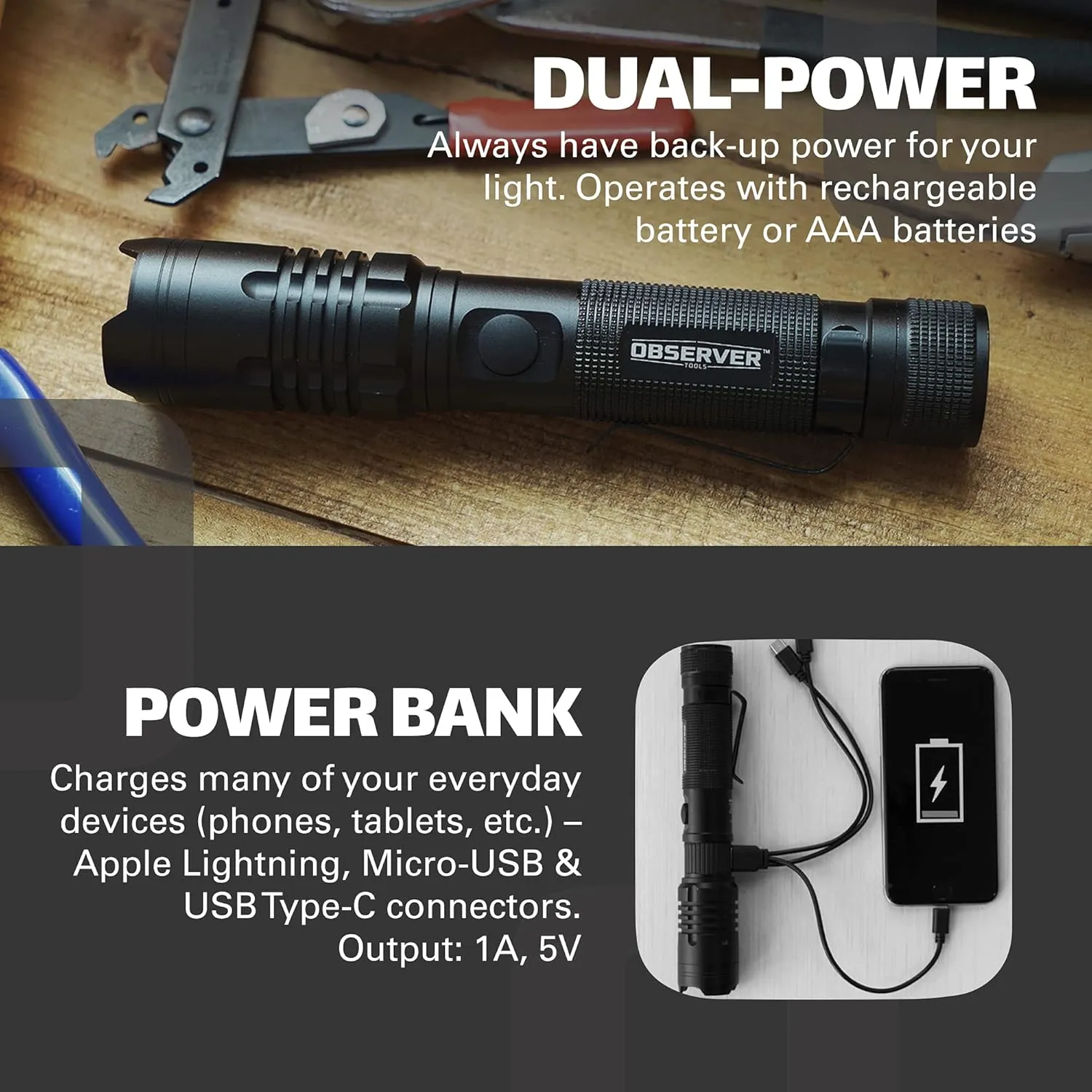 LED Rechargeable Flashlight, 1200 Lumens Tactical Flashlight, high Power Survival Flashlight with Back-up Power, Magnet, Zoom, Waterproof Flashlight, Black, OBS-FL1-V2