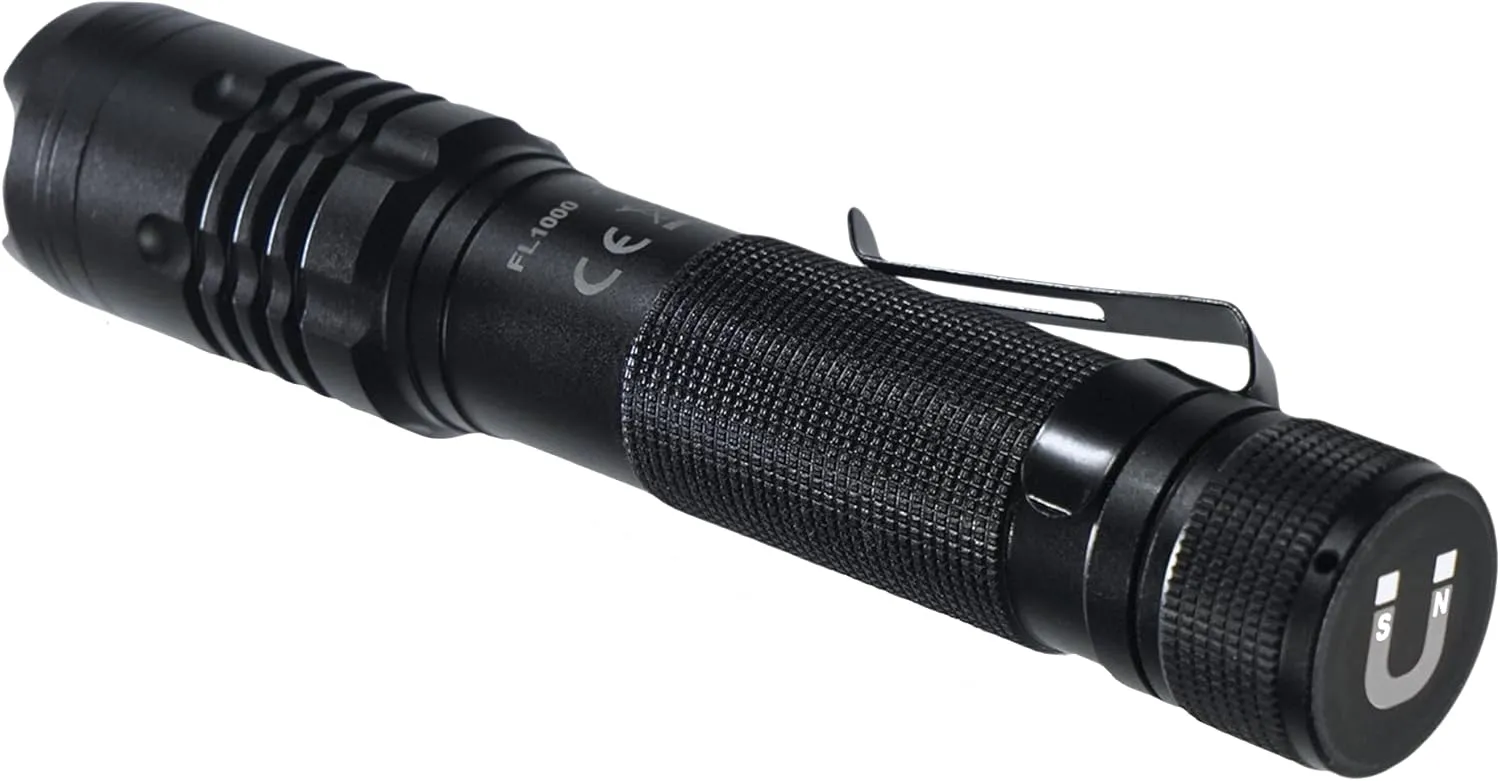 LED Rechargeable Flashlight, 1200 Lumens Tactical Flashlight, high Power Survival Flashlight with Back-up Power, Magnet, Zoom, Waterproof Flashlight, Black, OBS-FL1-V2