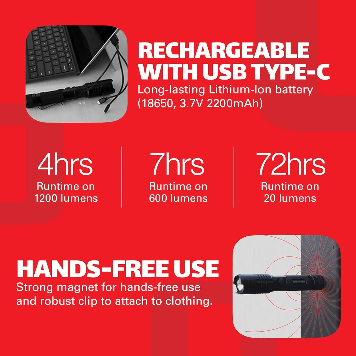 LED Rechargeable Flashlight, 1200 Lumens Tactical Flashlight, high Power Survival Flashlight with Back-up Power, Magnet, Zoom, Waterproof Flashlight, Black, OBS-FL1-V2