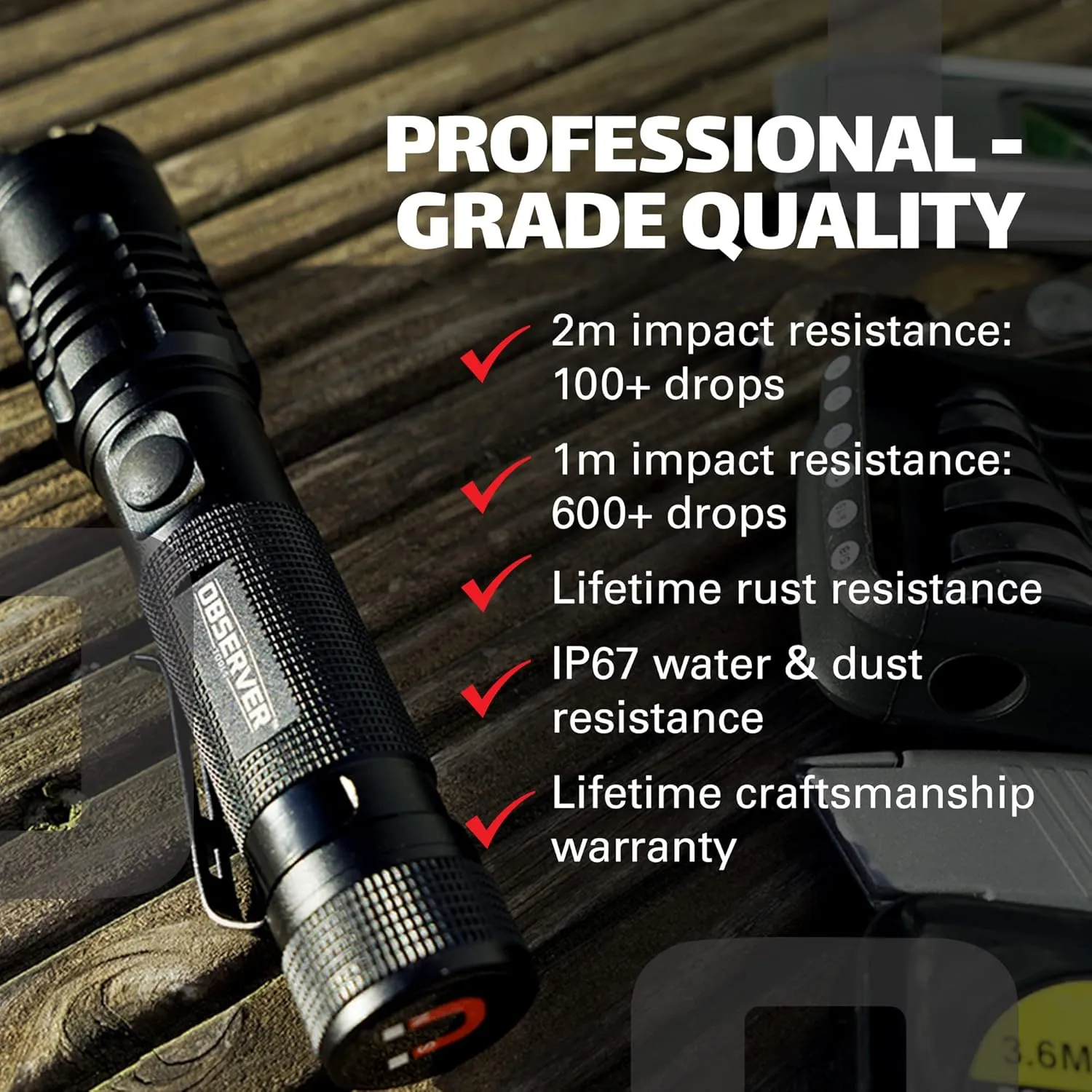 LED Rechargeable Flashlight, 1200 Lumens Tactical Flashlight, high Power Survival Flashlight with Back-up Power, Magnet, Zoom, Waterproof Flashlight, Black, OBS-FL1-V2