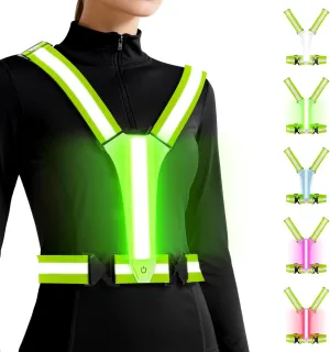 LED Reflective Vest Running Gear, 5 Lights Colors, 3 Modes, Adjustable for Running, Cycling, Walking - Led Running Vest for Men, Women, Kids(Green)