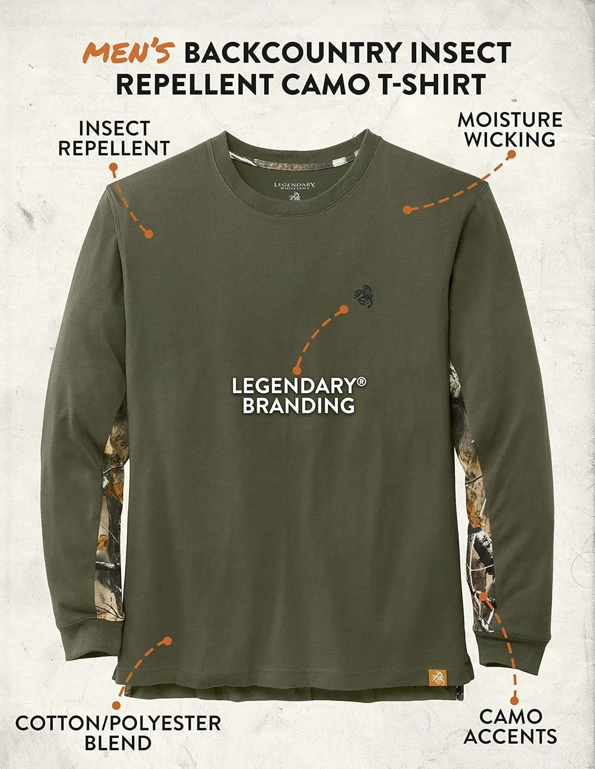 Legendary Whitetails Men's Backcountry Long Sleeve Camo T-shirt - Casual Crewneck Pullover Regular Fit