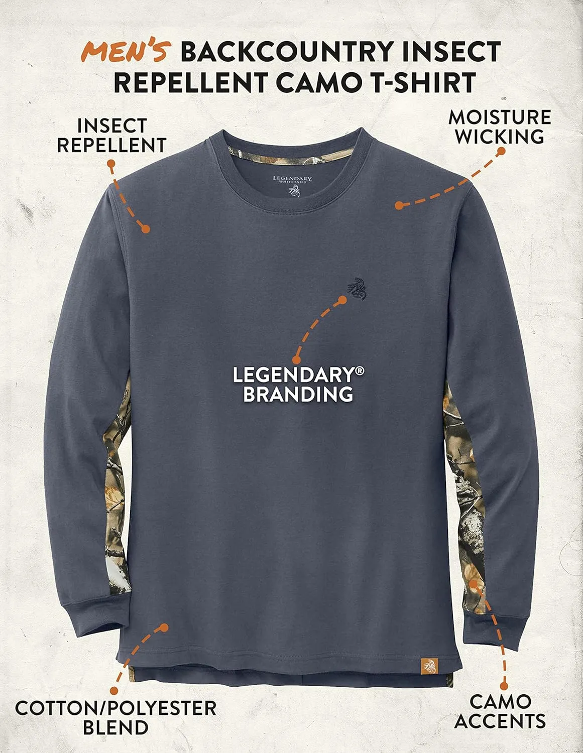 Legendary Whitetails Men's Backcountry Long Sleeve Camo T-shirt - Casual Crewneck Pullover Regular Fit