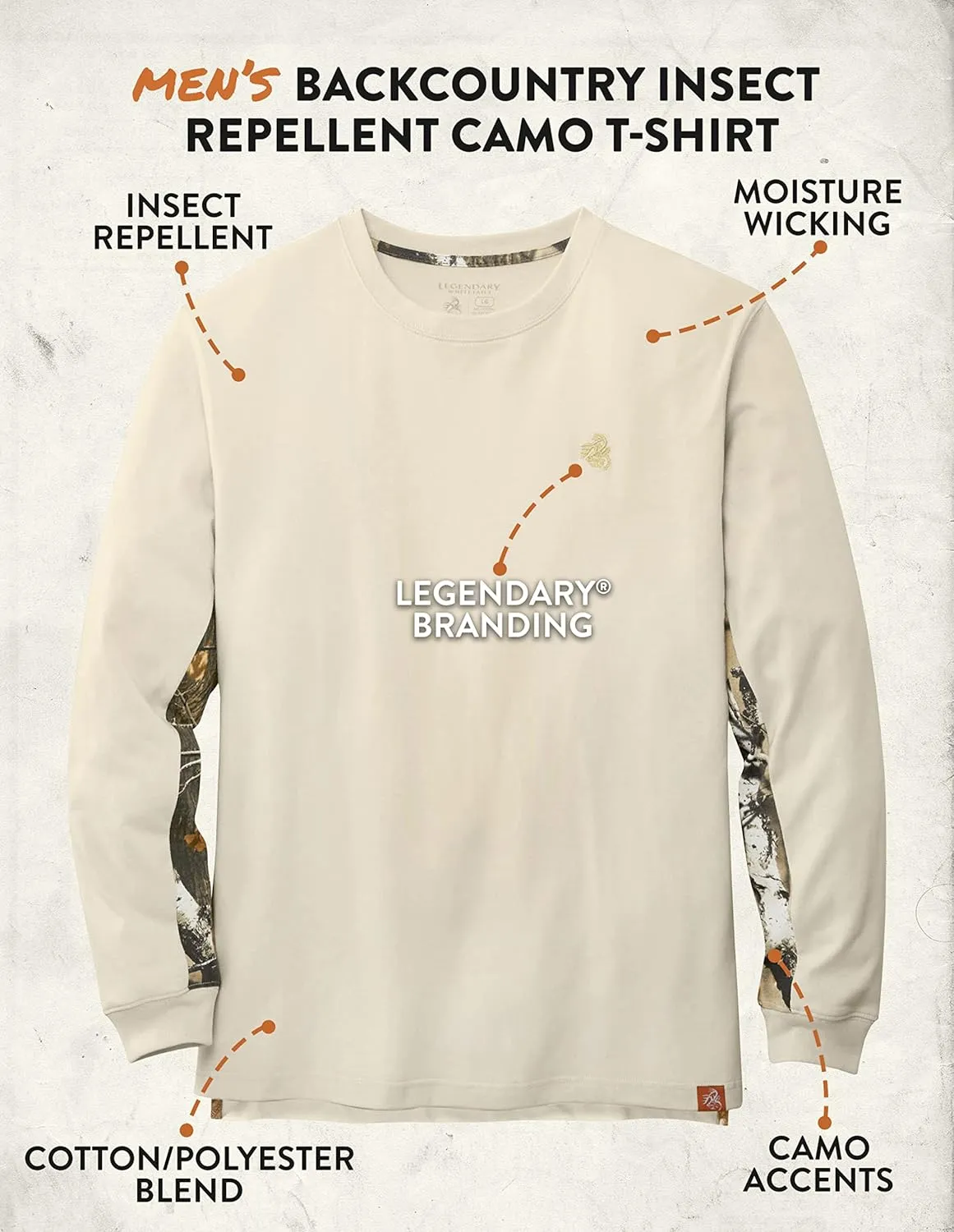 Legendary Whitetails Men's Backcountry Long Sleeve Camo T-shirt - Casual Crewneck Pullover Regular Fit