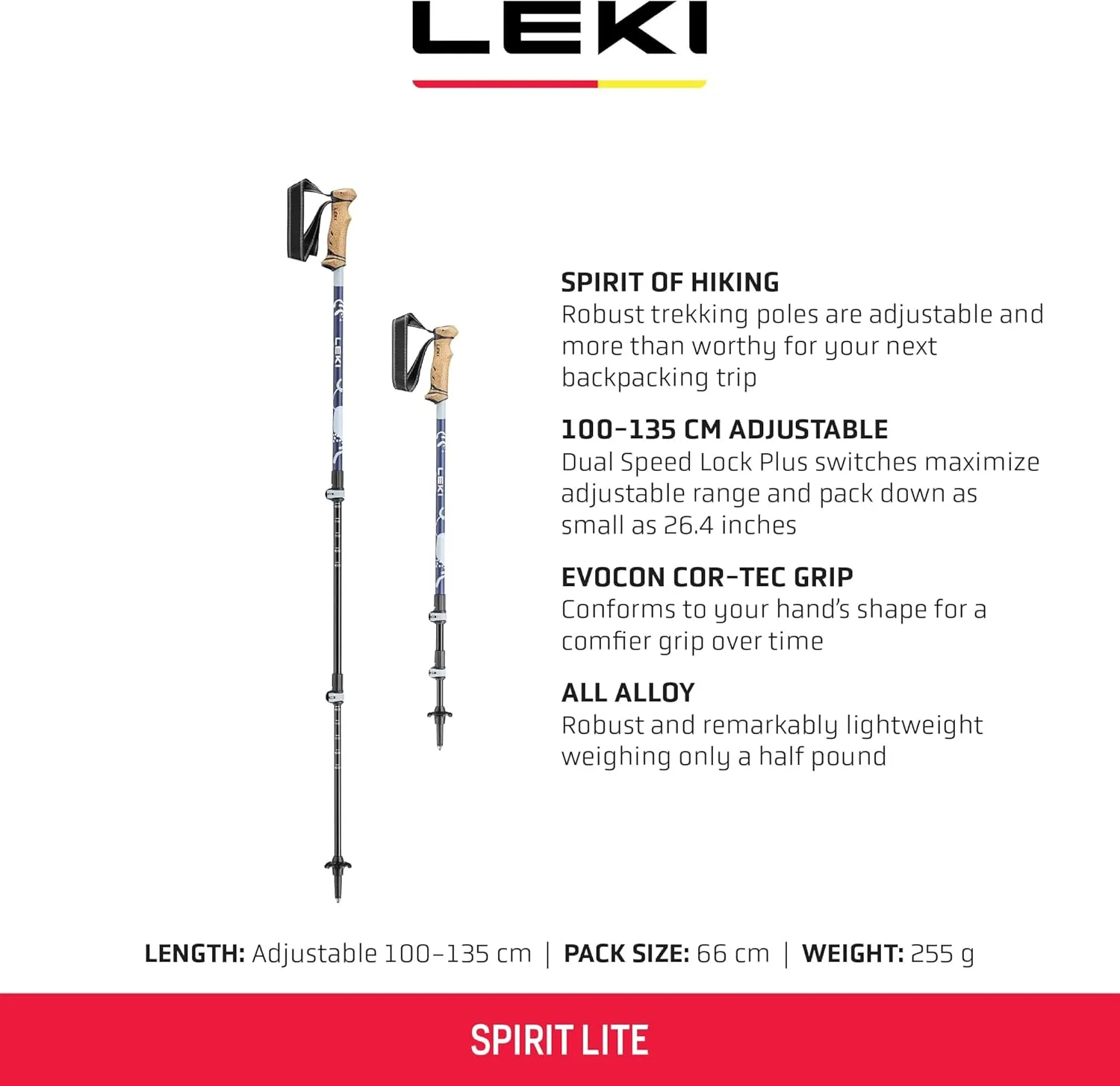 LEKI Spirit Lite Aluminum Adjustable Lightweight Walking Poles for Trekking & Hiking