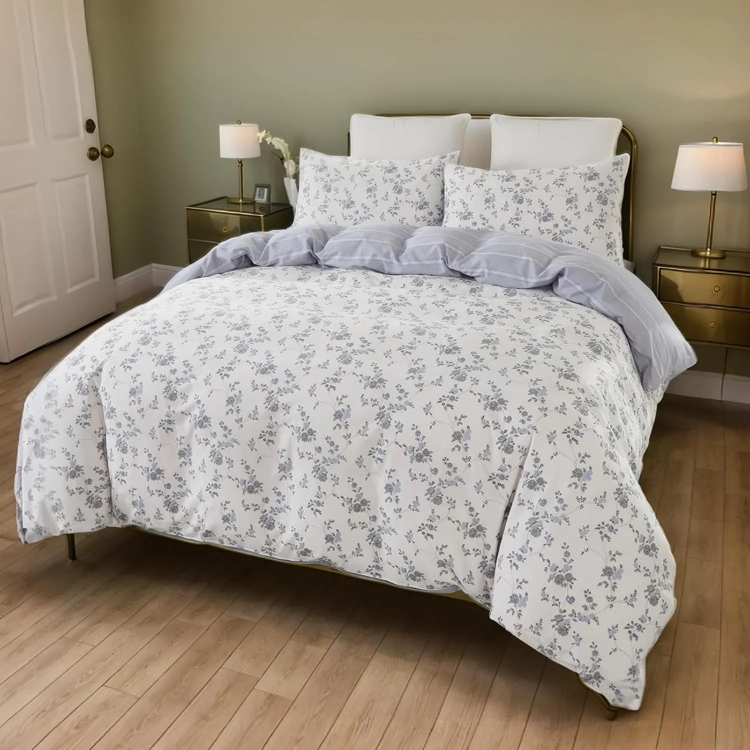 Lemfux Cotton Duvet Cover Full 3 Pieces Provincial Blue Floral Duvet Cover Set 1 Duvet Cover 82"x86" and 2 Pillow Sham 19"x29" Farmhouse Garden Style, Soft Breathable Lightweight Bedding Sets