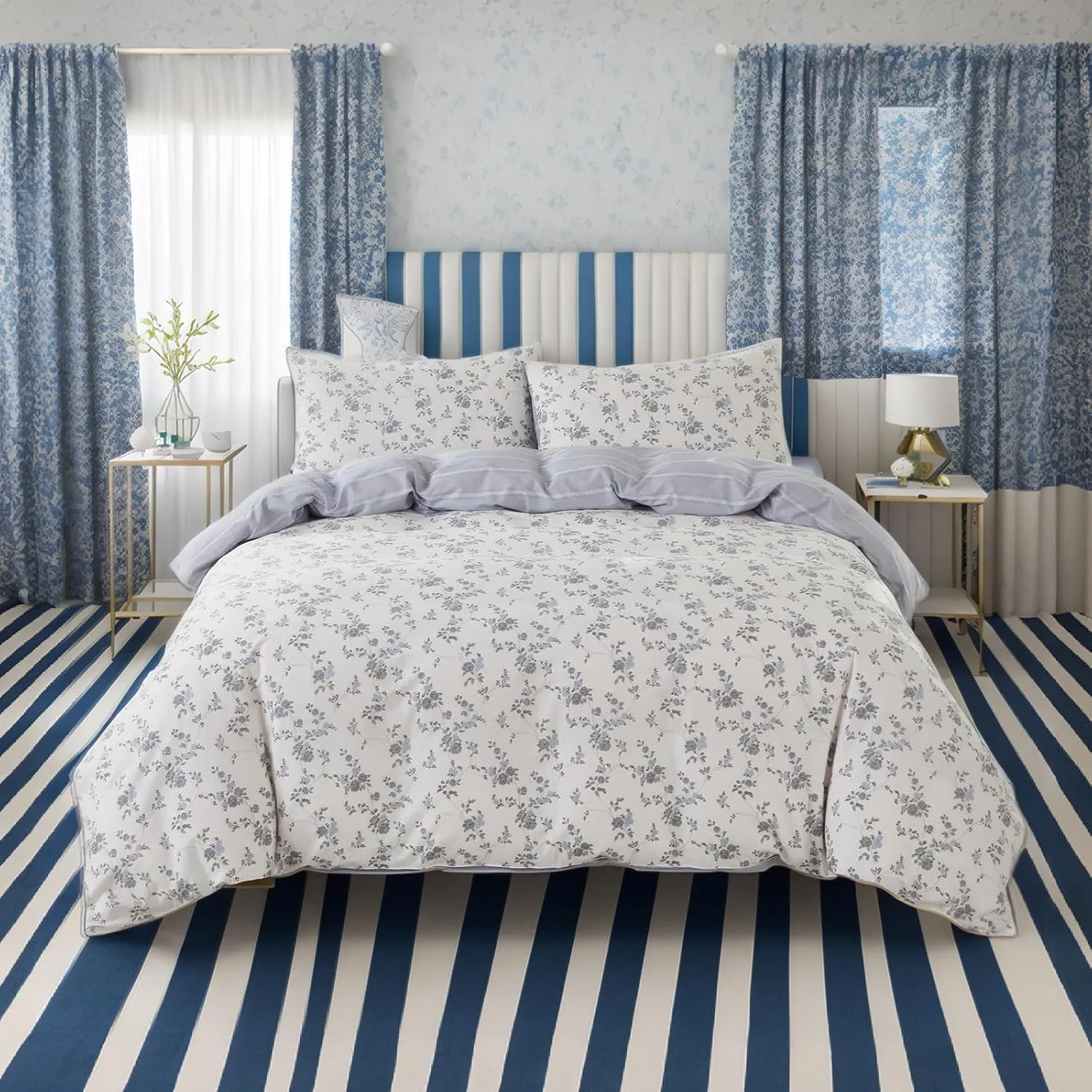 Lemfux Cotton Duvet Cover Full 3 Pieces Provincial Blue Floral Duvet Cover Set 1 Duvet Cover 82"x86" and 2 Pillow Sham 19"x29" Farmhouse Garden Style, Soft Breathable Lightweight Bedding Sets