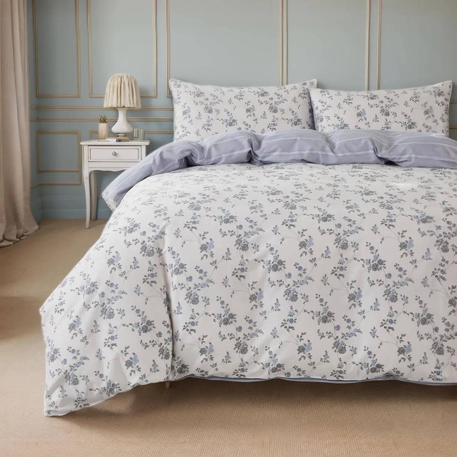 Lemfux Cotton Duvet Cover Full 3 Pieces Provincial Blue Floral Duvet Cover Set 1 Duvet Cover 82"x86" and 2 Pillow Sham 19"x29" Farmhouse Garden Style, Soft Breathable Lightweight Bedding Sets