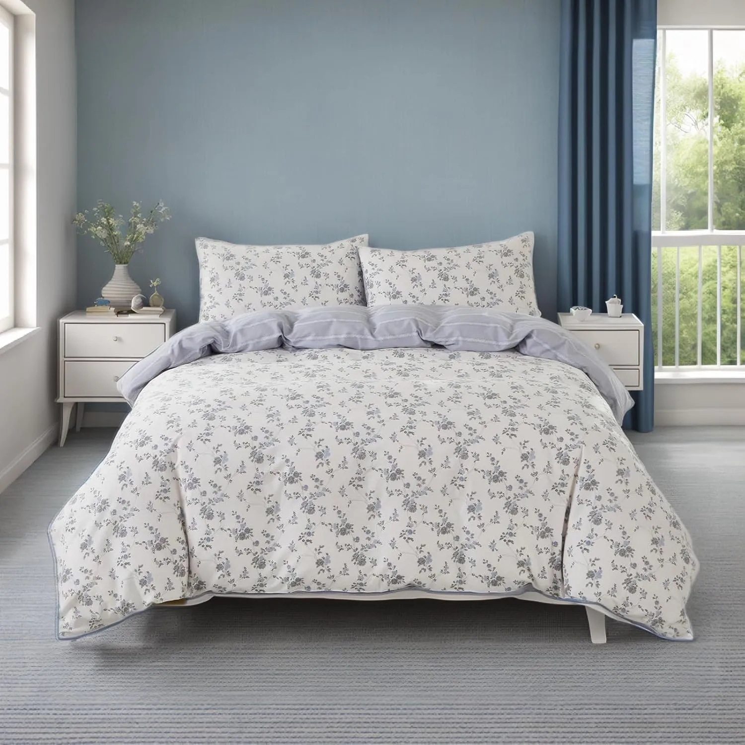 Lemfux Cotton Duvet Cover Full 3 Pieces Provincial Blue Floral Duvet Cover Set 1 Duvet Cover 82"x86" and 2 Pillow Sham 19"x29" Farmhouse Garden Style, Soft Breathable Lightweight Bedding Sets