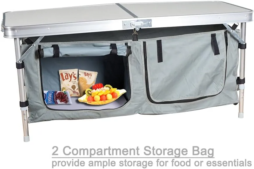 Lightweight Height Adjustable Foldable Camping Table with Large 2 Compartment Storage Bag for BBQ Party Camping Home Kitchen