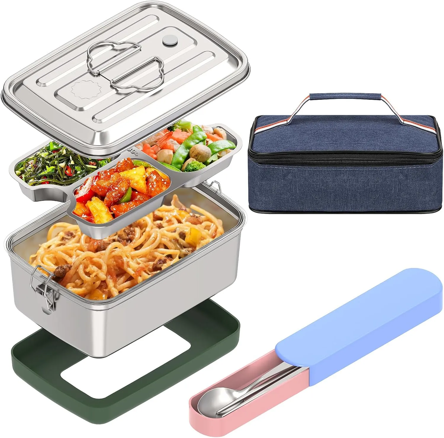Linkidea Leak Proof Stainless Steel Lunch Box with Utensils, Large Capacity Lunch Box Containers with Insulation Bag, Food Containers with Lids for Lunch (Silver)