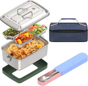 Linkidea Leak Proof Stainless Steel Lunch Box with Utensils, Large Capacity Lunch Box Containers with Insulation Bag, Food Containers with Lids for Lunch (Silver)
