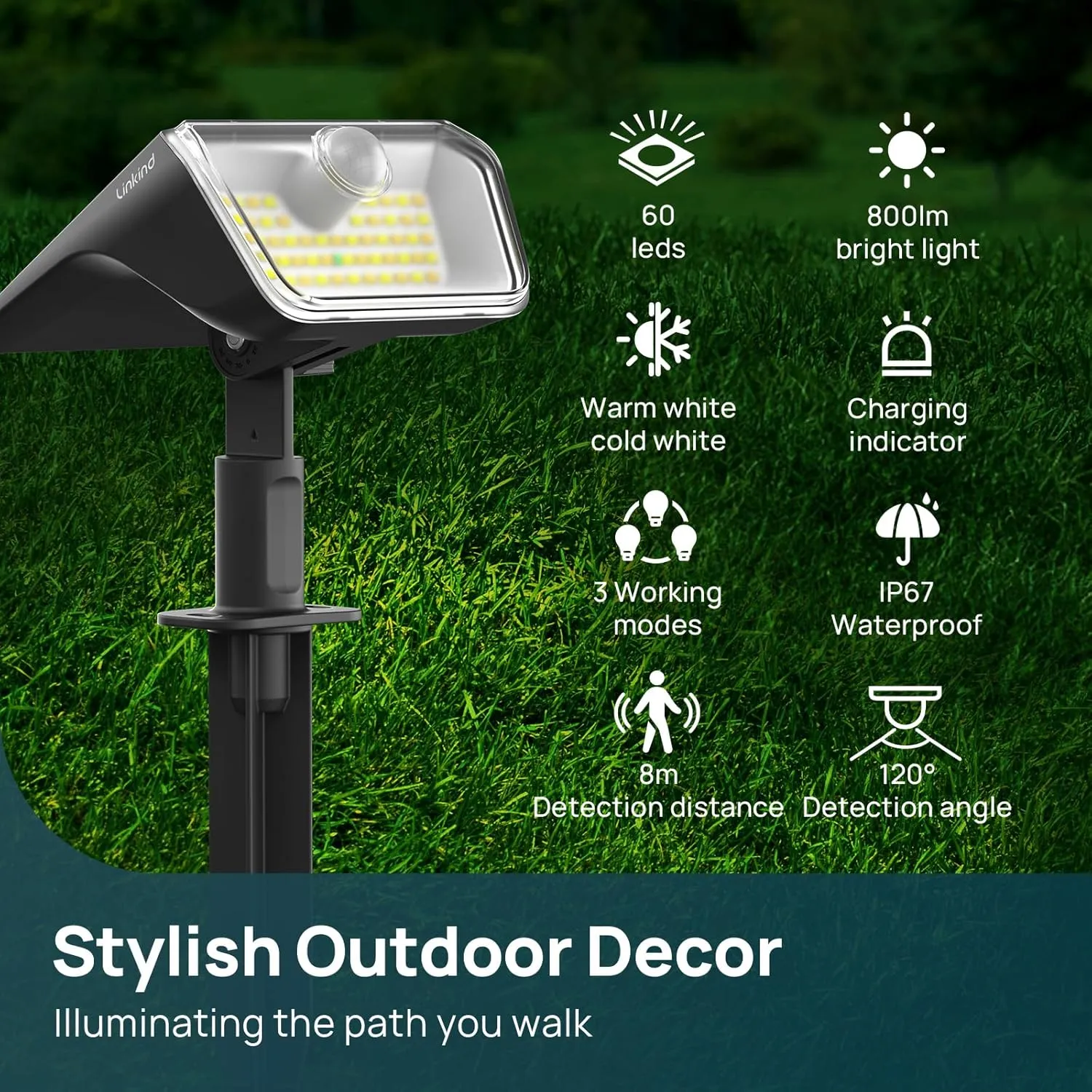 Linkind Solar Lights Outdoor Waterproof IP67, 3000K/6500K Solar Motion Sensor Lights with 6 Modes, 60 LEDs Solar Powered Spot Lights Outside Landscape Lighting for Garden Yard Pathway, 6 Pack
