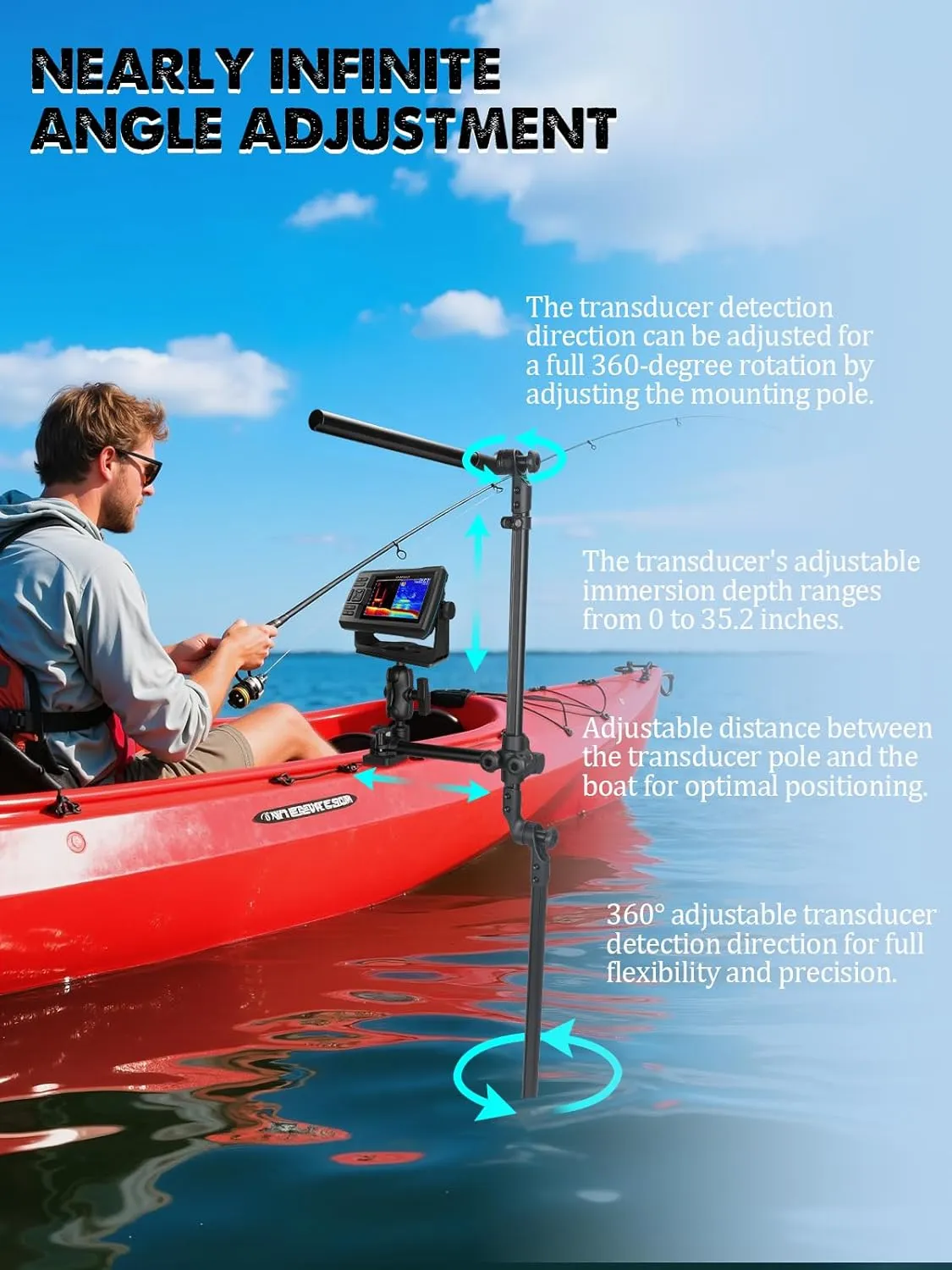Livescope Pole Mount for Kayak/Boat, Universal 360° Adjustable Rotating Transducer Pole Mount for Garmin/Lowrance, Drill-Down Base, Compatible with C Size Double Socket Arm (Extended Model)