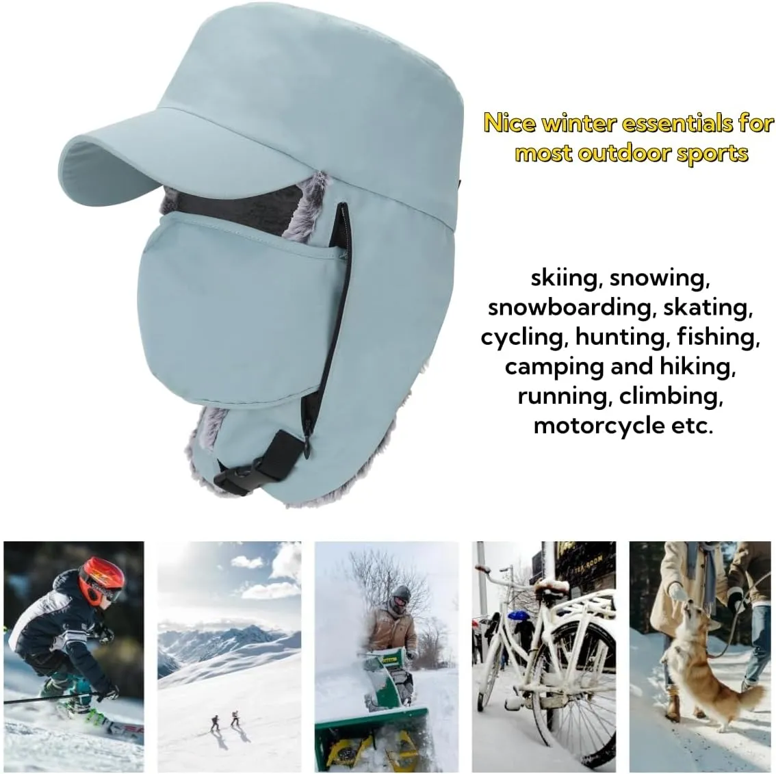 LLmoway Trapper Hat Warm Faux Fur Winter Cap with Ear Flaps Windproof Waterproof Snow Ski Hats for Men Women Cold Weather
