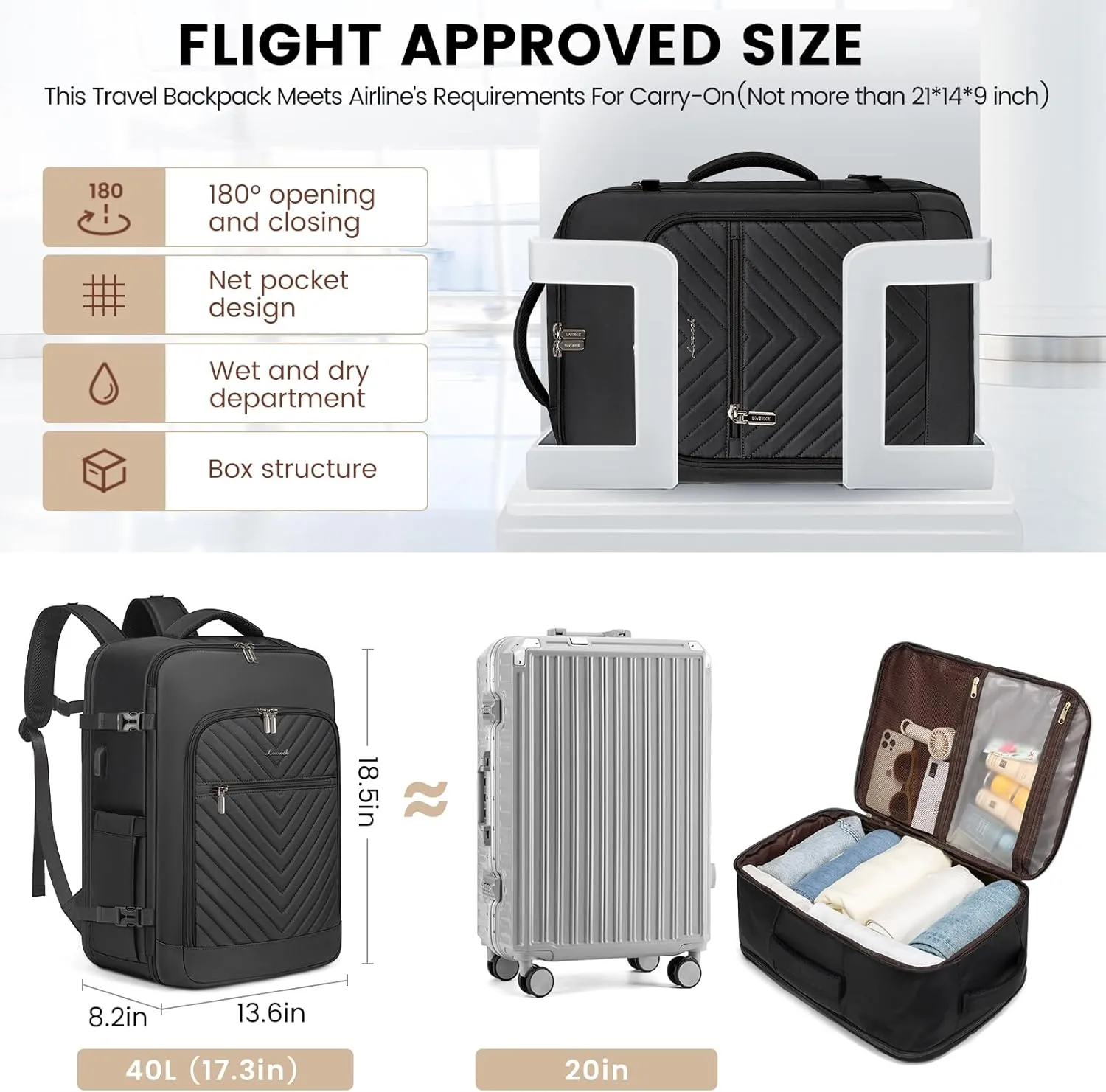 LOVEVOOK 40L Travel Backpack With 3 Packing Cubes,Large Carry on Backpack as Personal Item Airline Approved,Waterproof Daypack Travel Bag TSA Fit 17inch Laptop Luggage With USB Charging Port