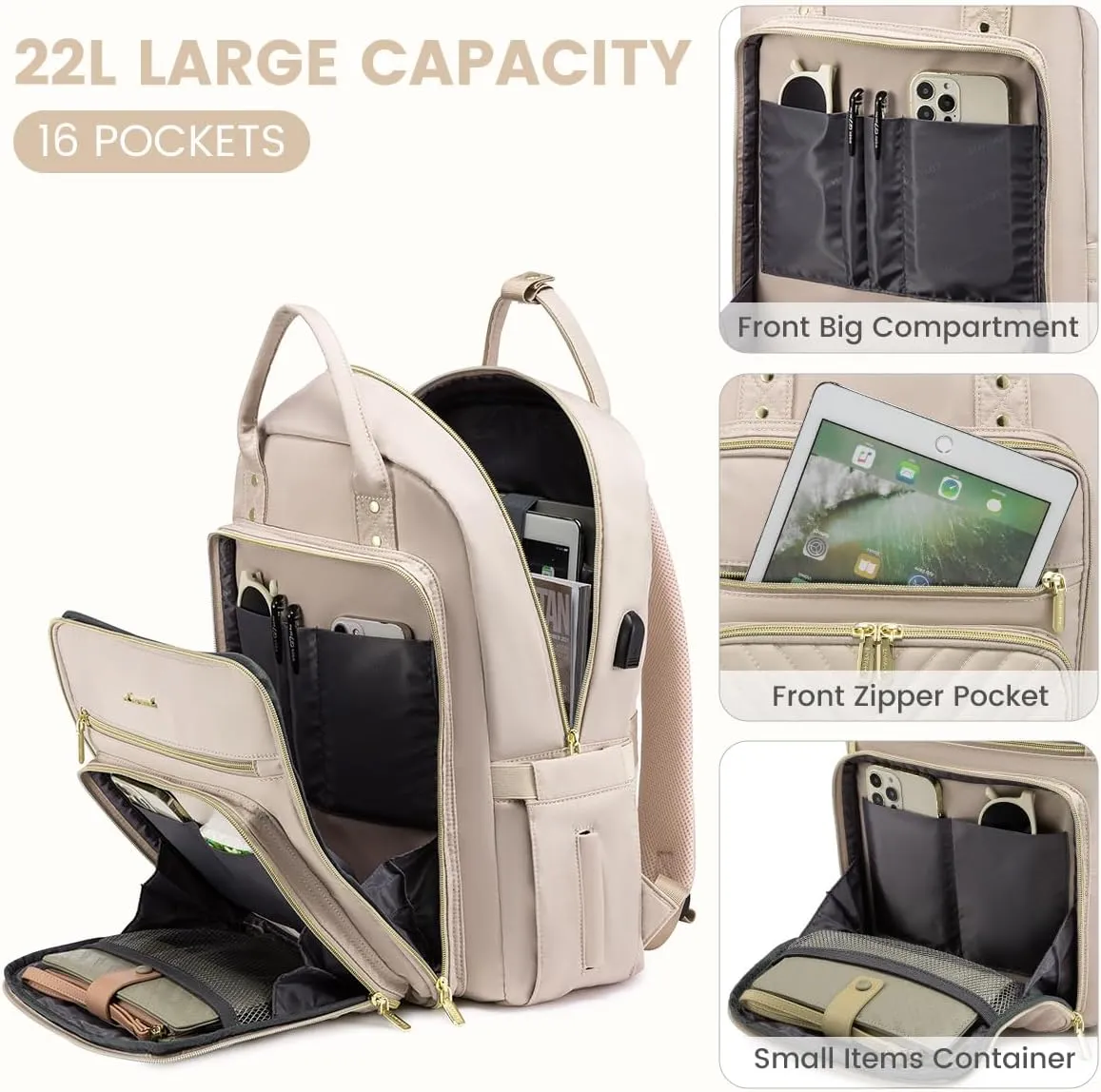 LOVEVOOK Laptop Backpack Women Teacher Backpack,15.6 Inch Laptop Bag with USB Port,Waterproof Daypack for Work Travel Antiquewhite