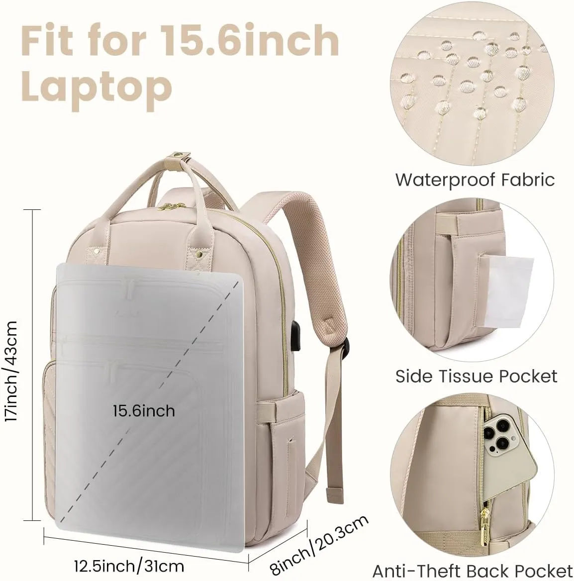 LOVEVOOK Laptop Backpack Women Teacher Backpack,15.6 Inch Laptop Bag with USB Port,Waterproof Daypack for Work Travel Antiquewhite