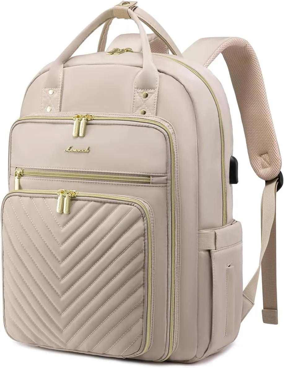 LOVEVOOK Laptop Backpack Women Teacher Backpack,15.6 Inch Laptop Bag with USB Port,Waterproof Daypack for Work Travel Antiquewhite