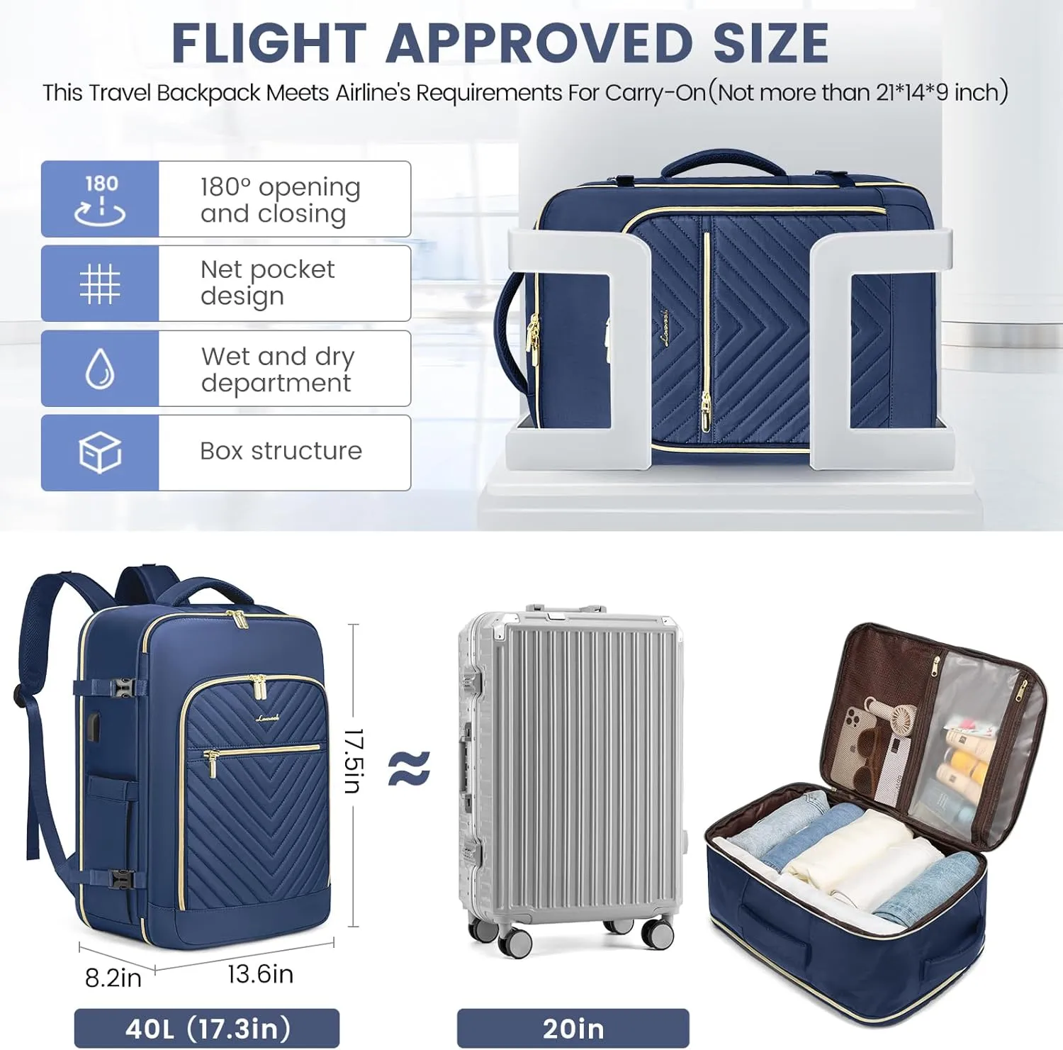 LOVEVOOK Large Travel Backpack for Women,Carry on Backpack Flight Approved,Personal Item Backpack Travel Bag with 3 Packing Cubes,Waterproof Back Pack TSA Fit 17inch Laptop Luggage with USB Port