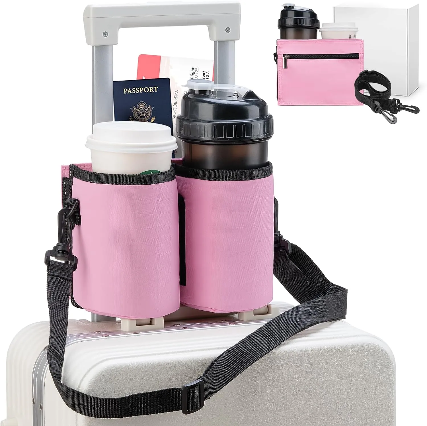 Luggage Cup Holder Travel Drink Bag Luggage Drink Caddy with Shoulder Strap, Thermal Insulation and Zipper Pocket, Travel Accessories Gifts for Flight Attendants, Fits Roll on Suitcase Handles (Pink)