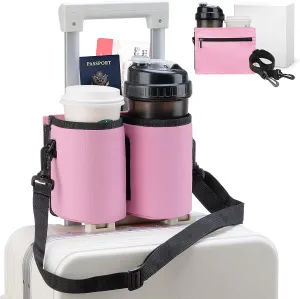 Luggage Cup Holder Travel Drink Bag Luggage Drink Caddy with Shoulder Strap, Thermal Insulation and Zipper Pocket, Travel Accessories Gifts for Flight Attendants, Fits Roll on Suitcase Handles (Pink)
