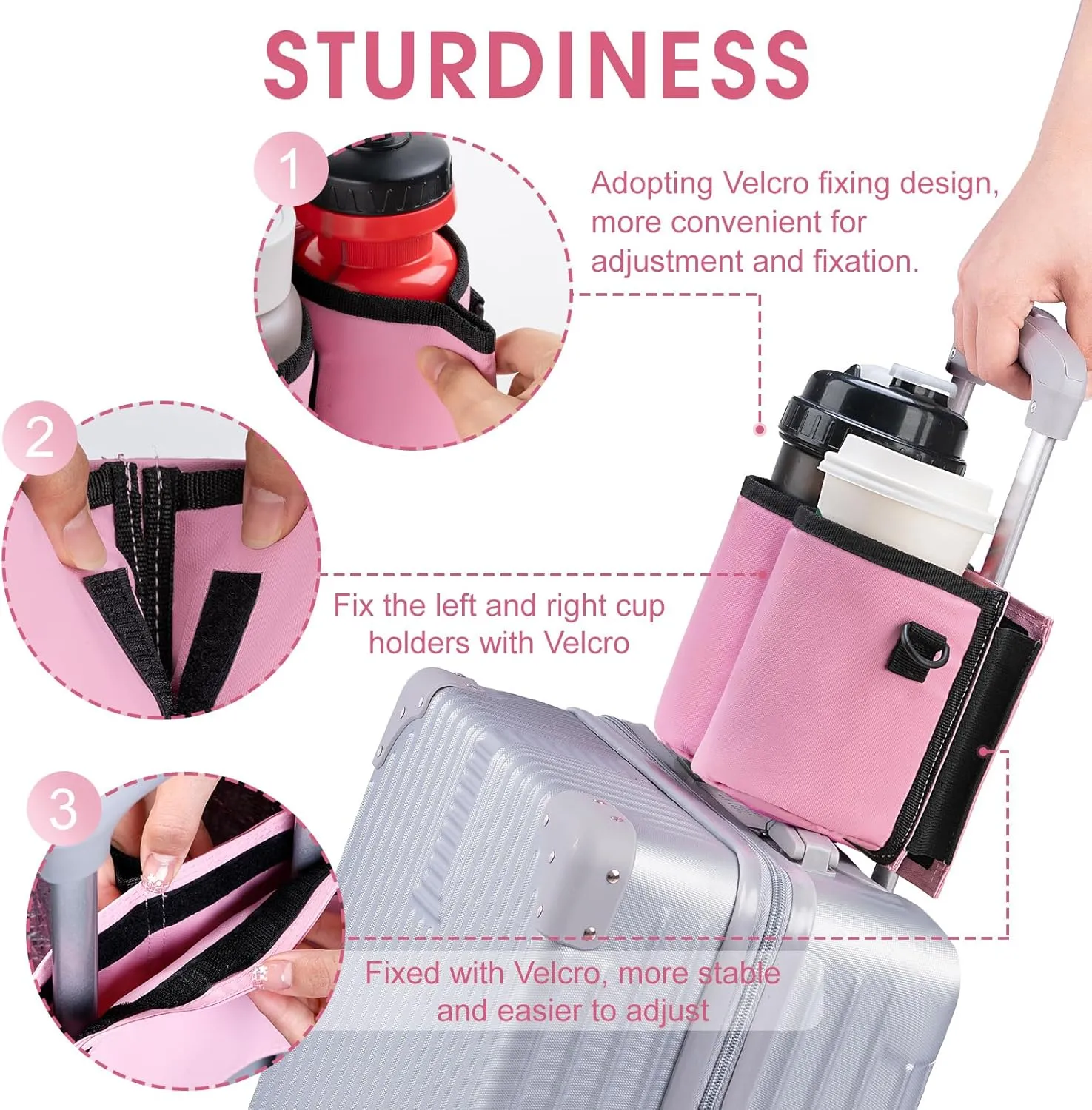 Luggage Cup Holder Travel Drink Bag Luggage Drink Caddy with Shoulder Strap, Thermal Insulation and Zipper Pocket, Travel Accessories Gifts for Flight Attendants, Fits Roll on Suitcase Handles (Pink)