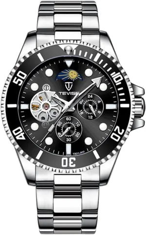 Luxury Men's Automatic Machenical Watches Large Face Self Winding Waterproof Luminous Watches Rotatable Bezel Men Mechanical Watch Stainless Steel Band Men Dress Wrist Watch Moon Phase Tourbillon Skeleton Watch for Men