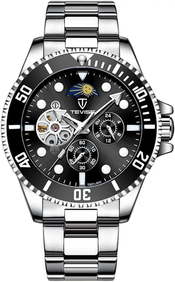 Luxury Men's Automatic Machenical Watches Large Face Self Winding Waterproof Luminous Watches Rotatable Bezel Men Mechanical Watch Stainless Steel Band Men Dress Wrist Watch Moon Phase Tourbillon Skeleton Watch for Men