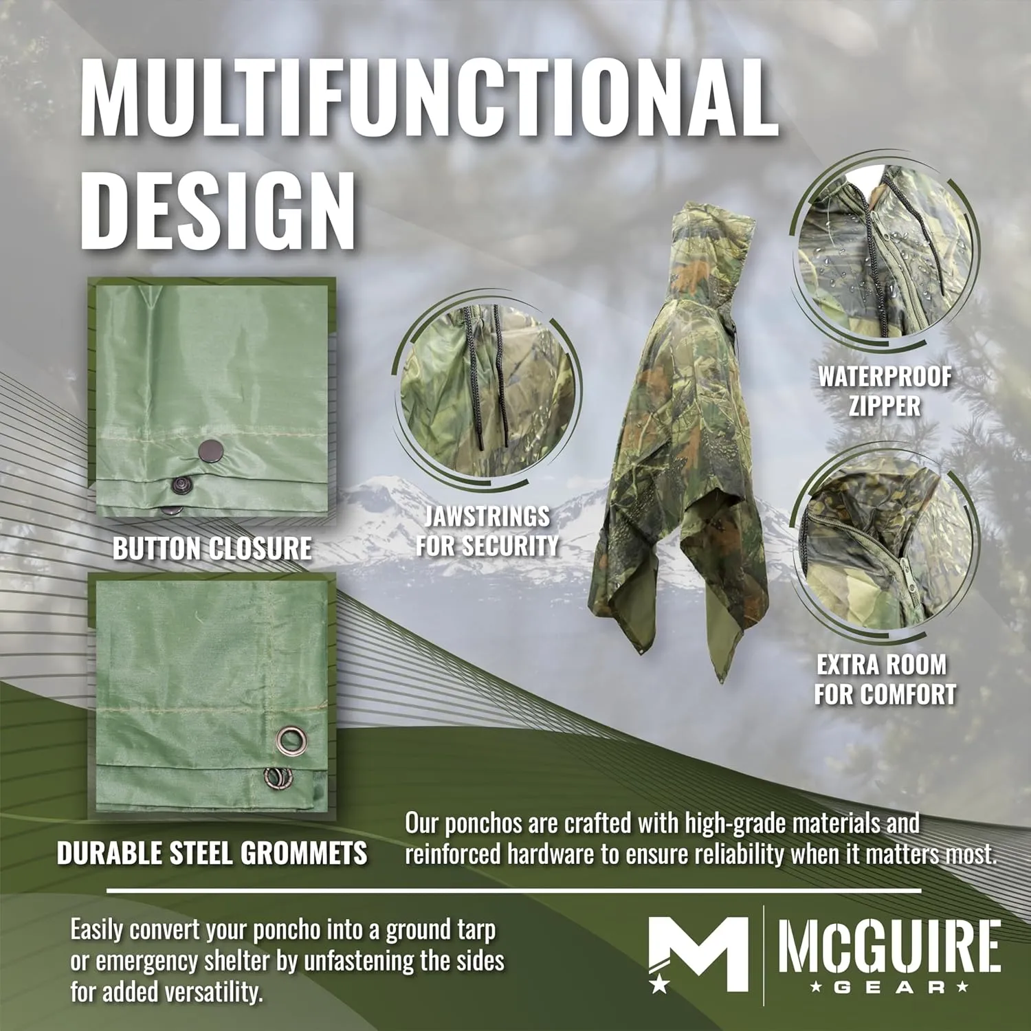 M MCGUIRE GEAR Hooded Military Rain Poncho, Outdoor Emergency Rain Jacket, Waterproof Poncho for Adults, Hiking, Camping