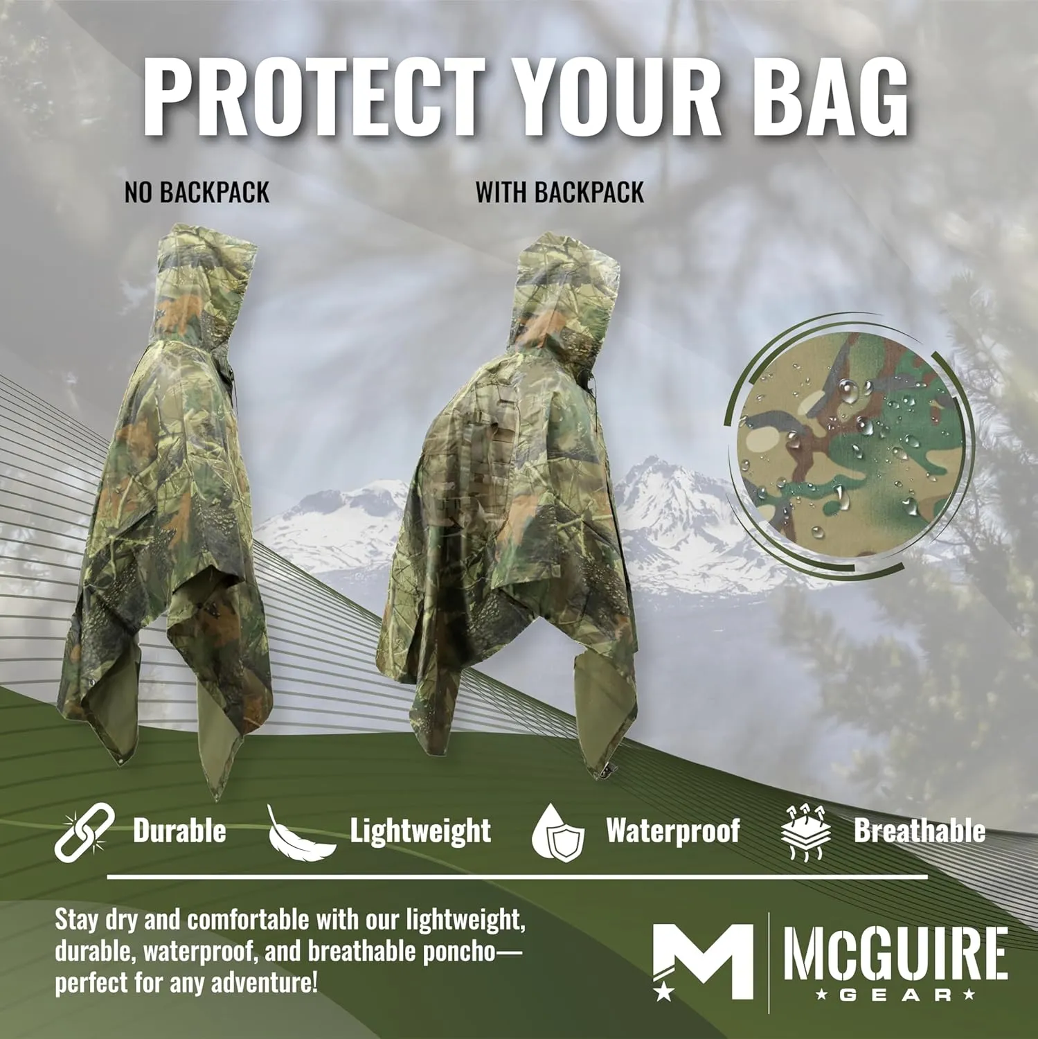 M MCGUIRE GEAR Hooded Military Rain Poncho, Outdoor Emergency Rain Jacket, Waterproof Poncho for Adults, Hiking, Camping