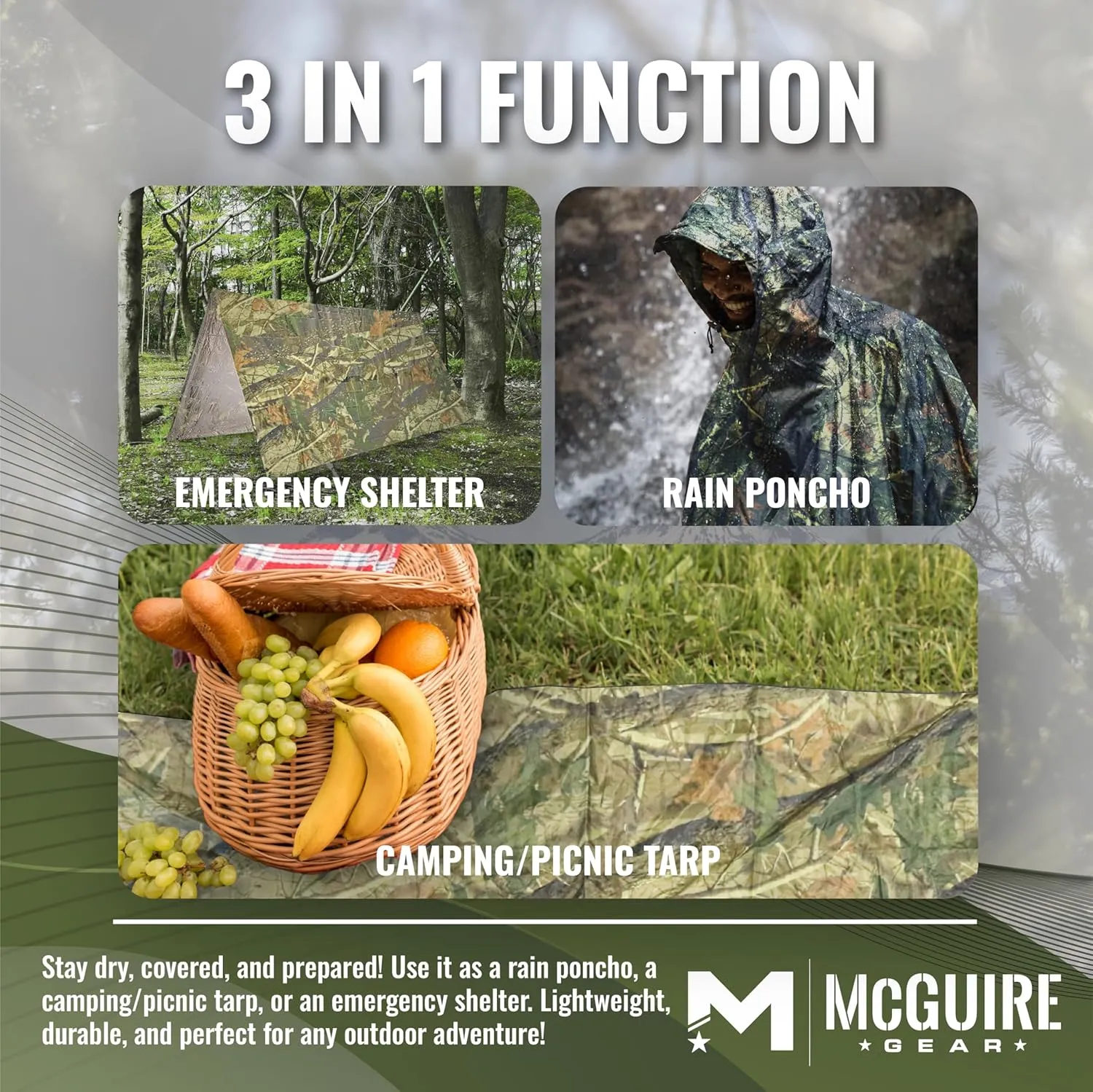 M MCGUIRE GEAR Hooded Military Rain Poncho, Outdoor Emergency Rain Jacket, Waterproof Poncho for Adults, Hiking, Camping